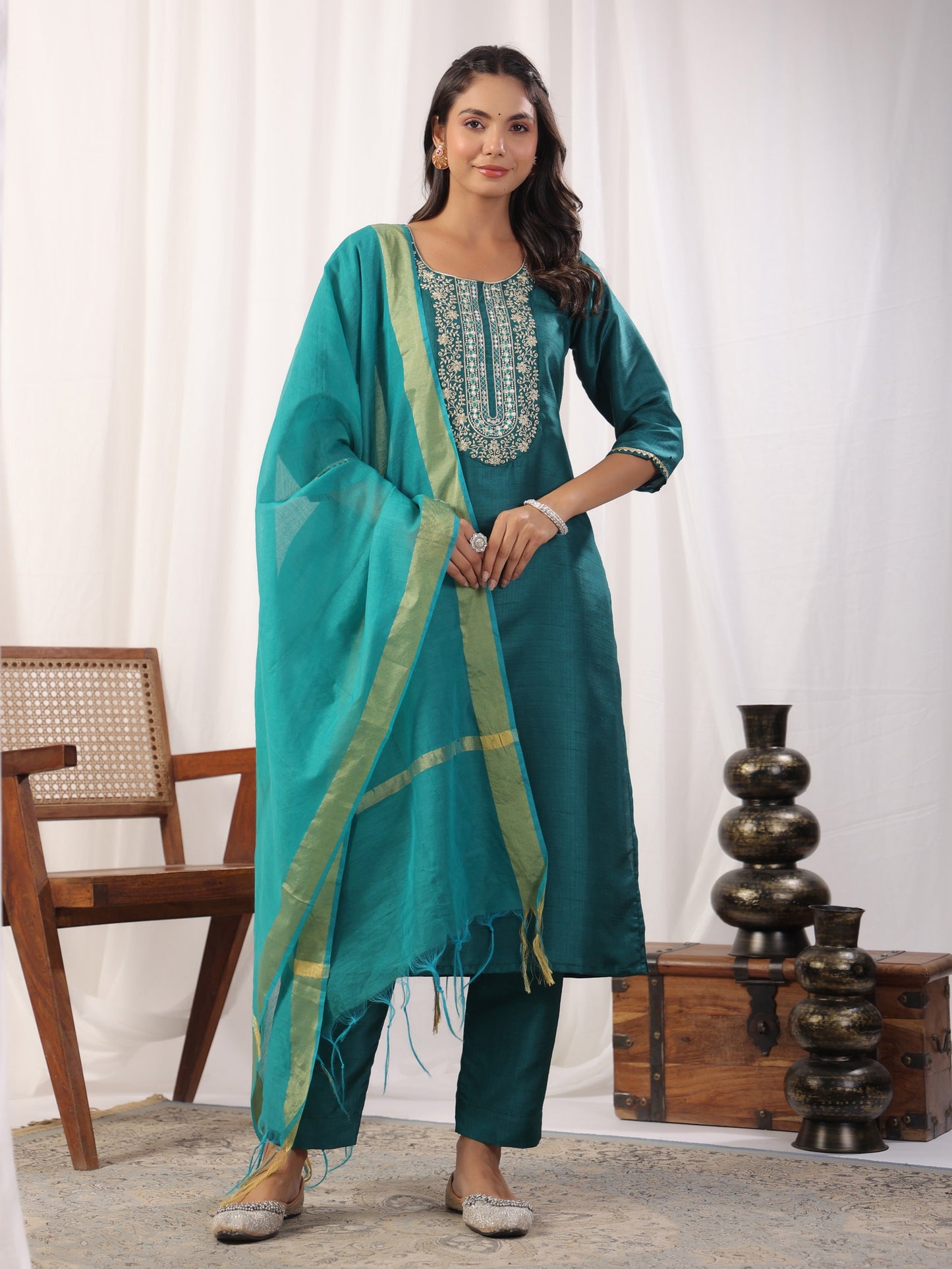 Teal Embroidered Straight Kurta Paired With Bottom and Dupatta