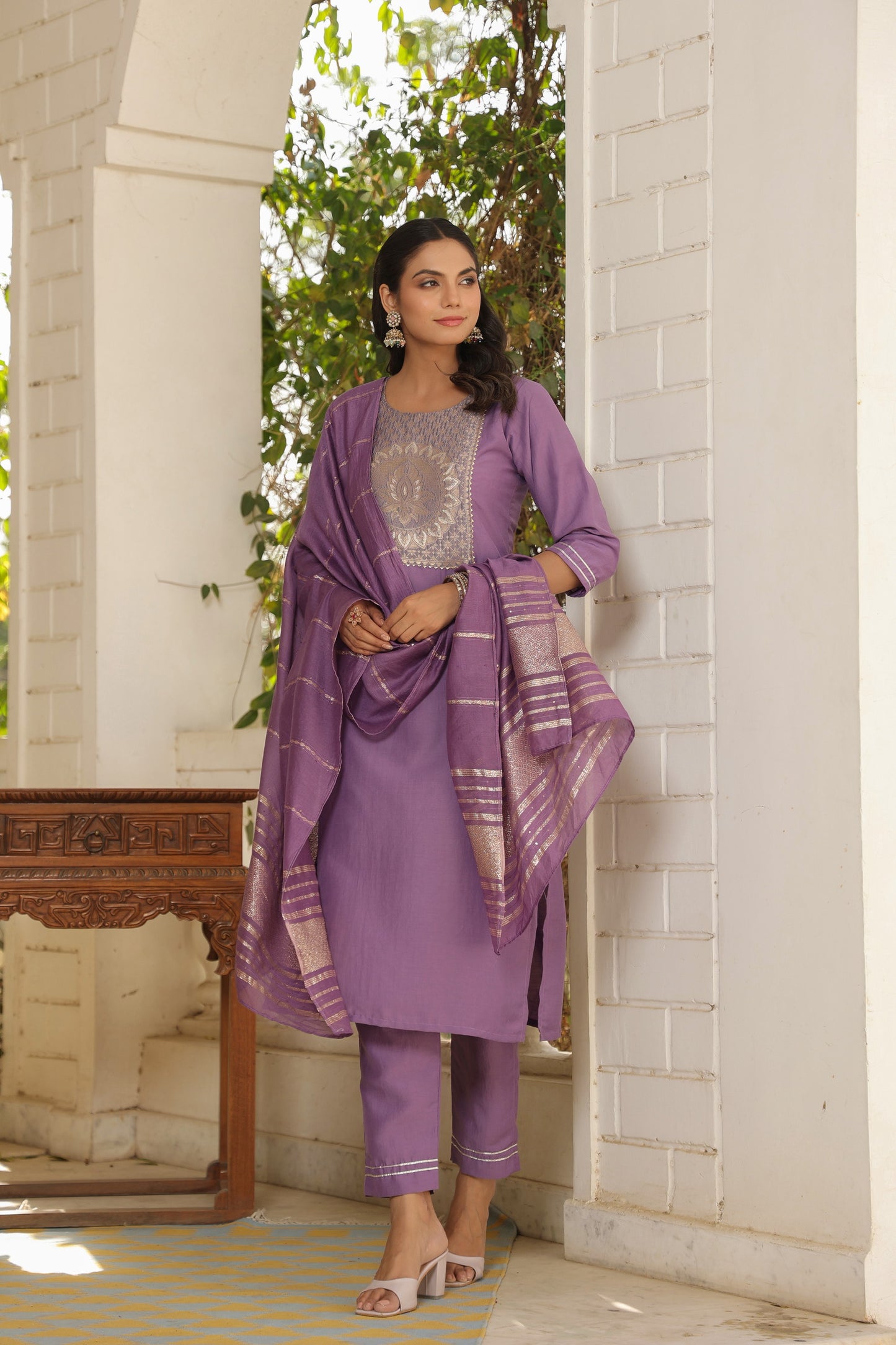 Purple Color Cotton Embroidered Kurta set