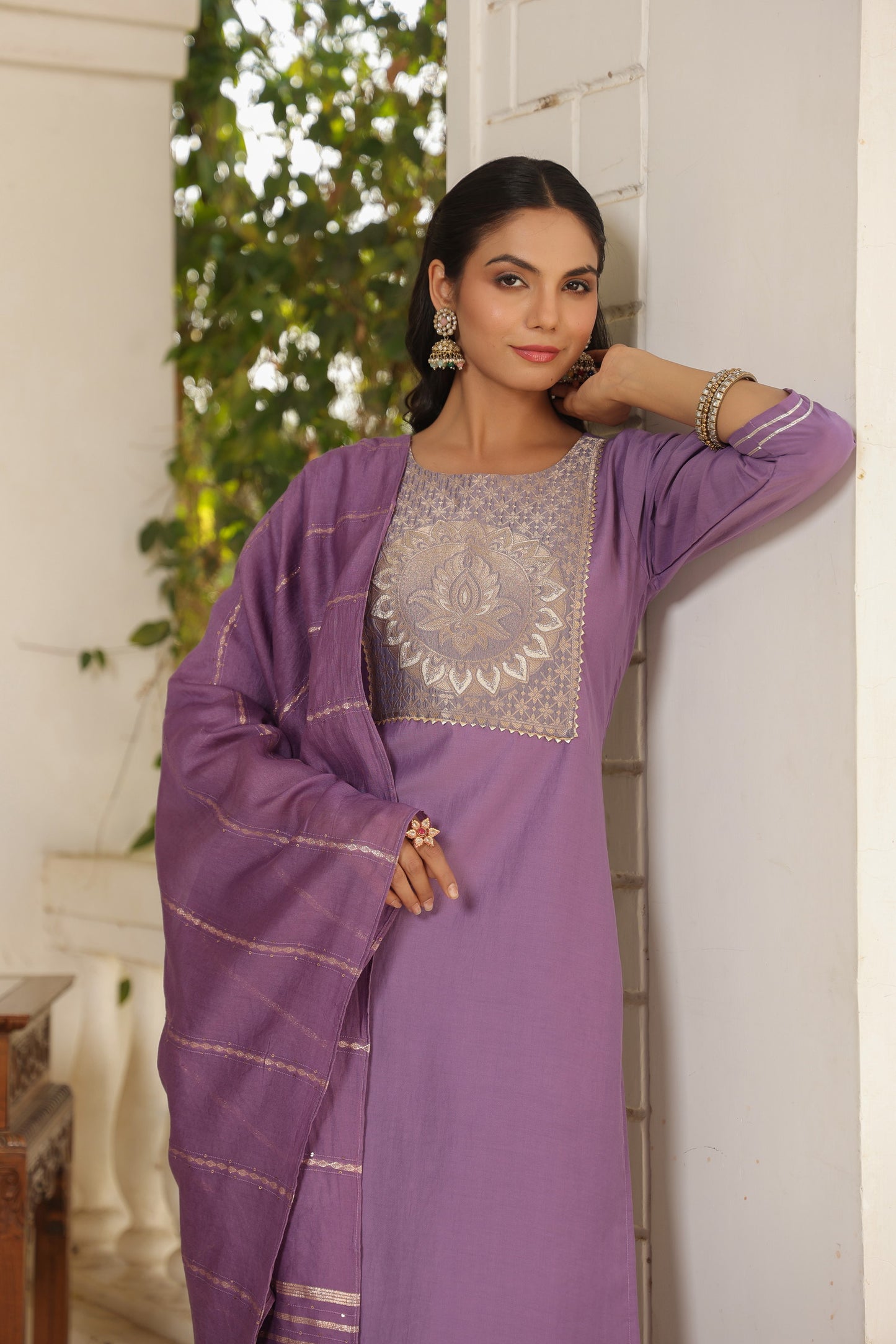 Purple Color Cotton Embroidered Kurta set