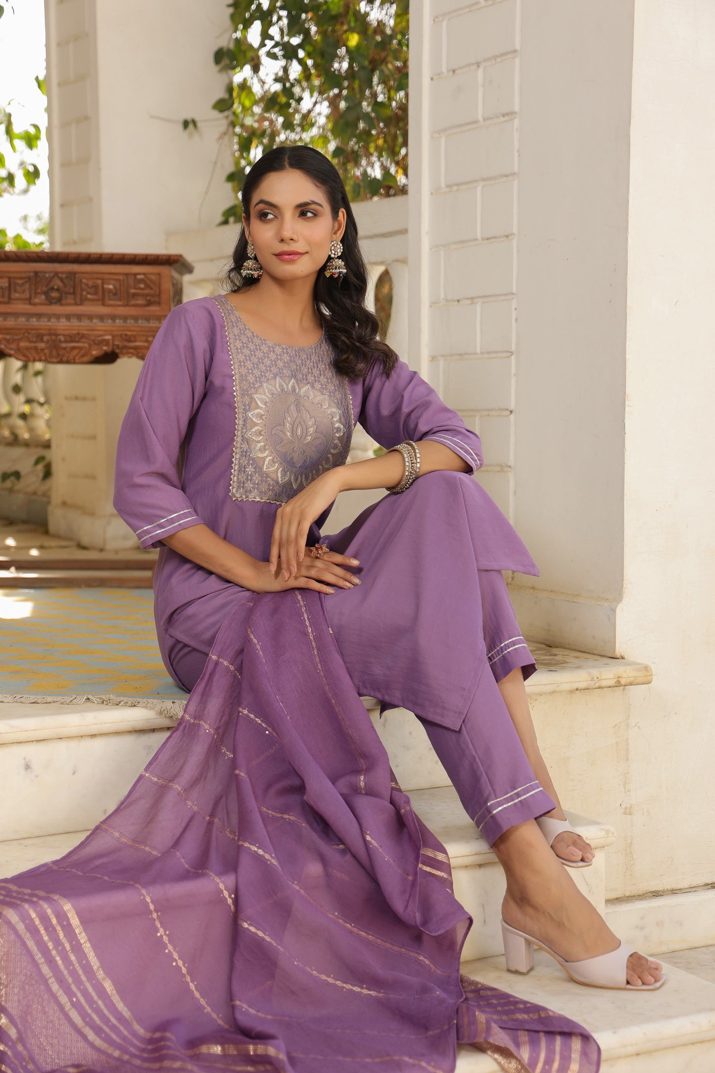 Purple Color Cotton Embroidered Kurta set