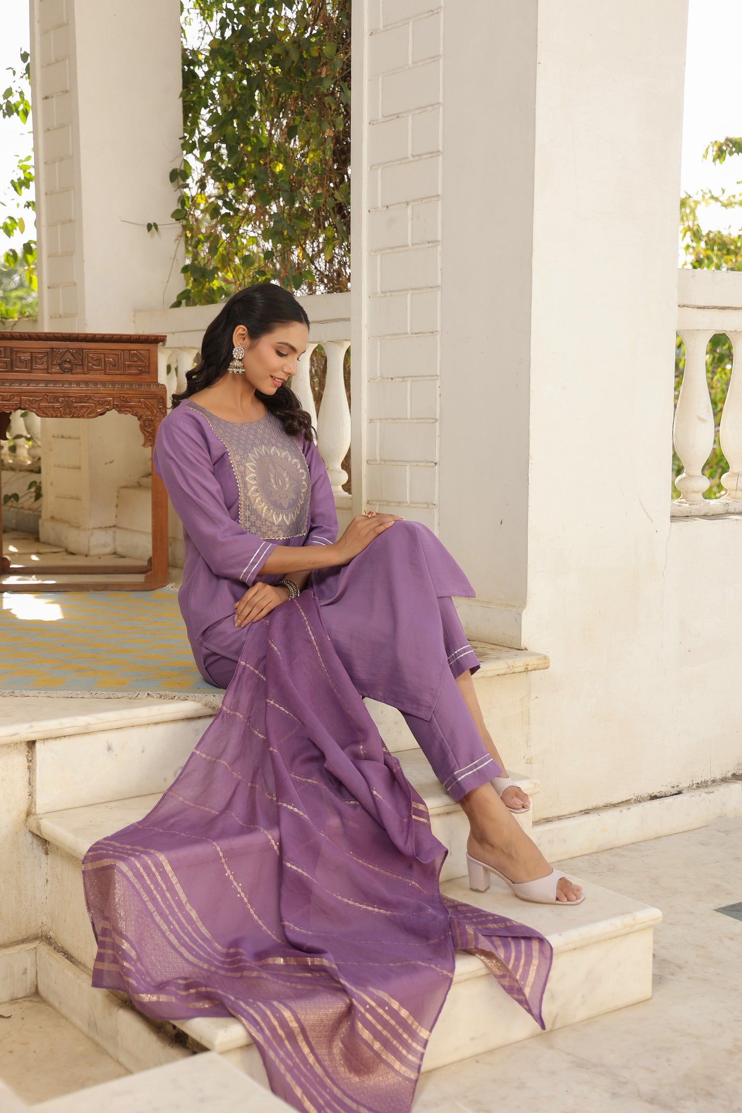 Purple Color Cotton Embroidered Kurta set