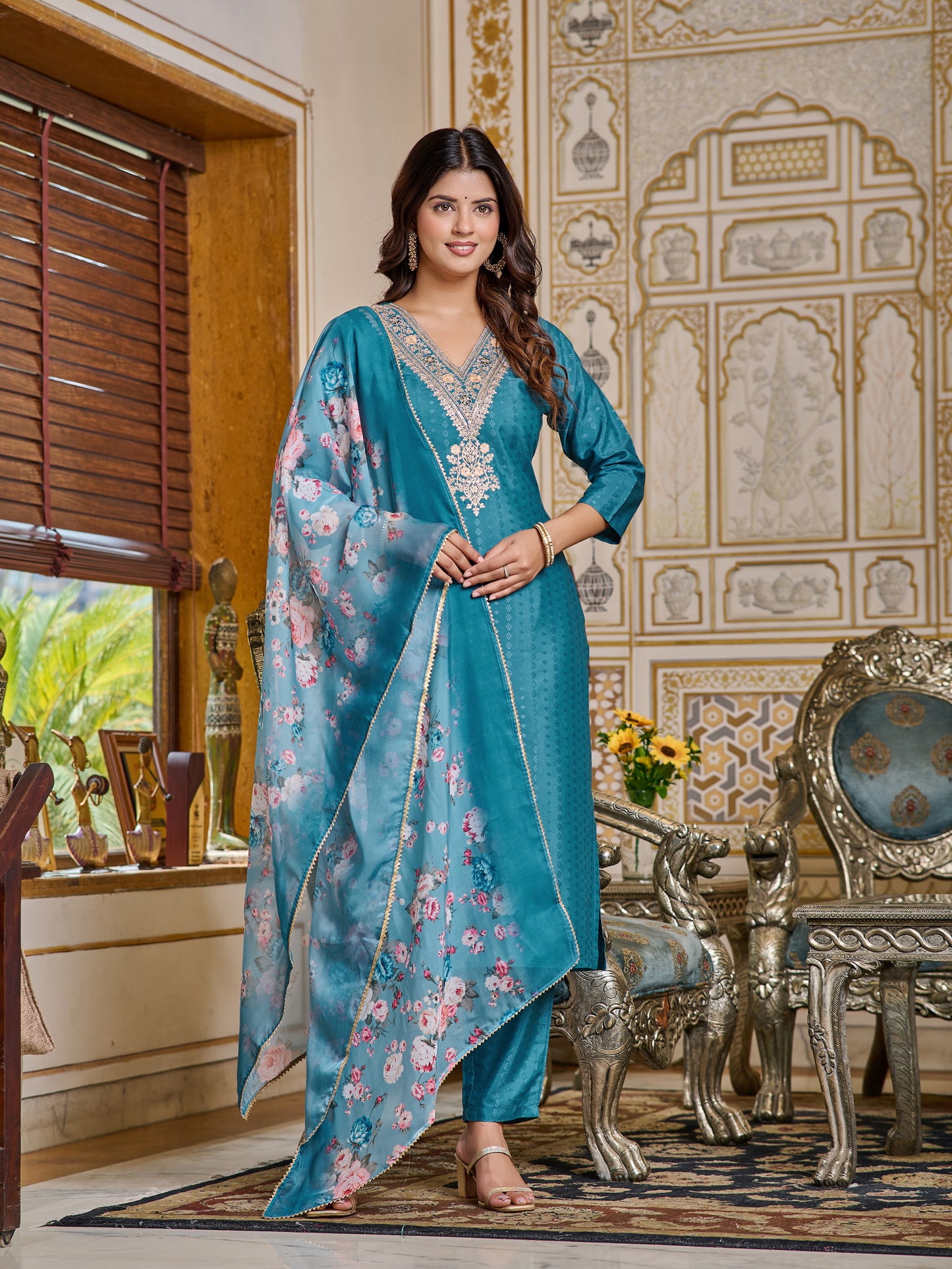 Blue Rayon Kurti with Pant & Dupatta Set