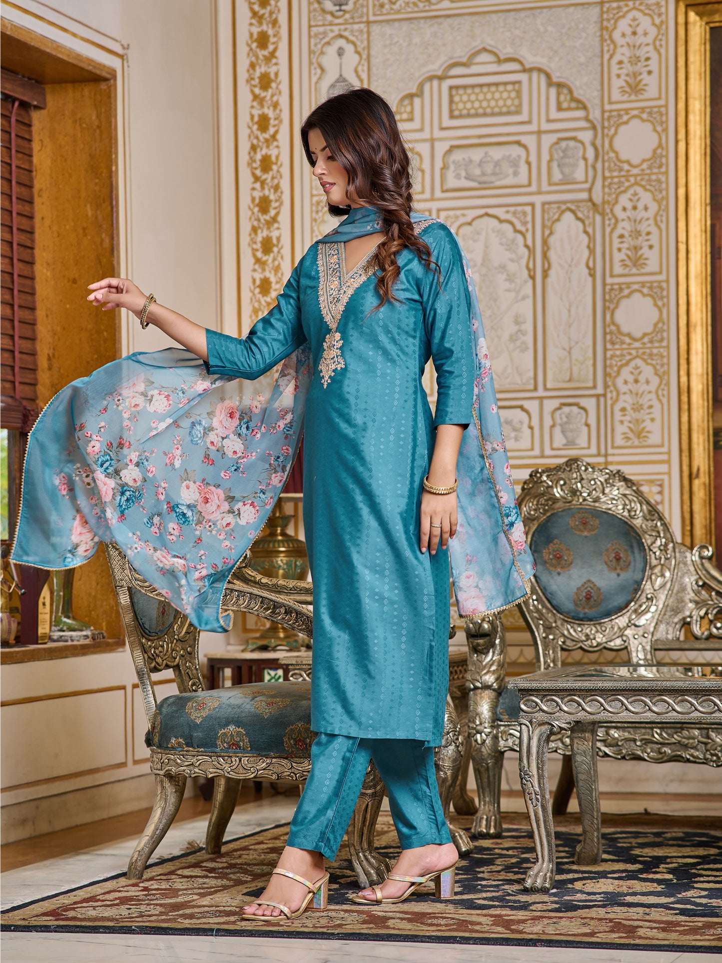 Blue Rayon Kurti with Pant & Dupatta Set