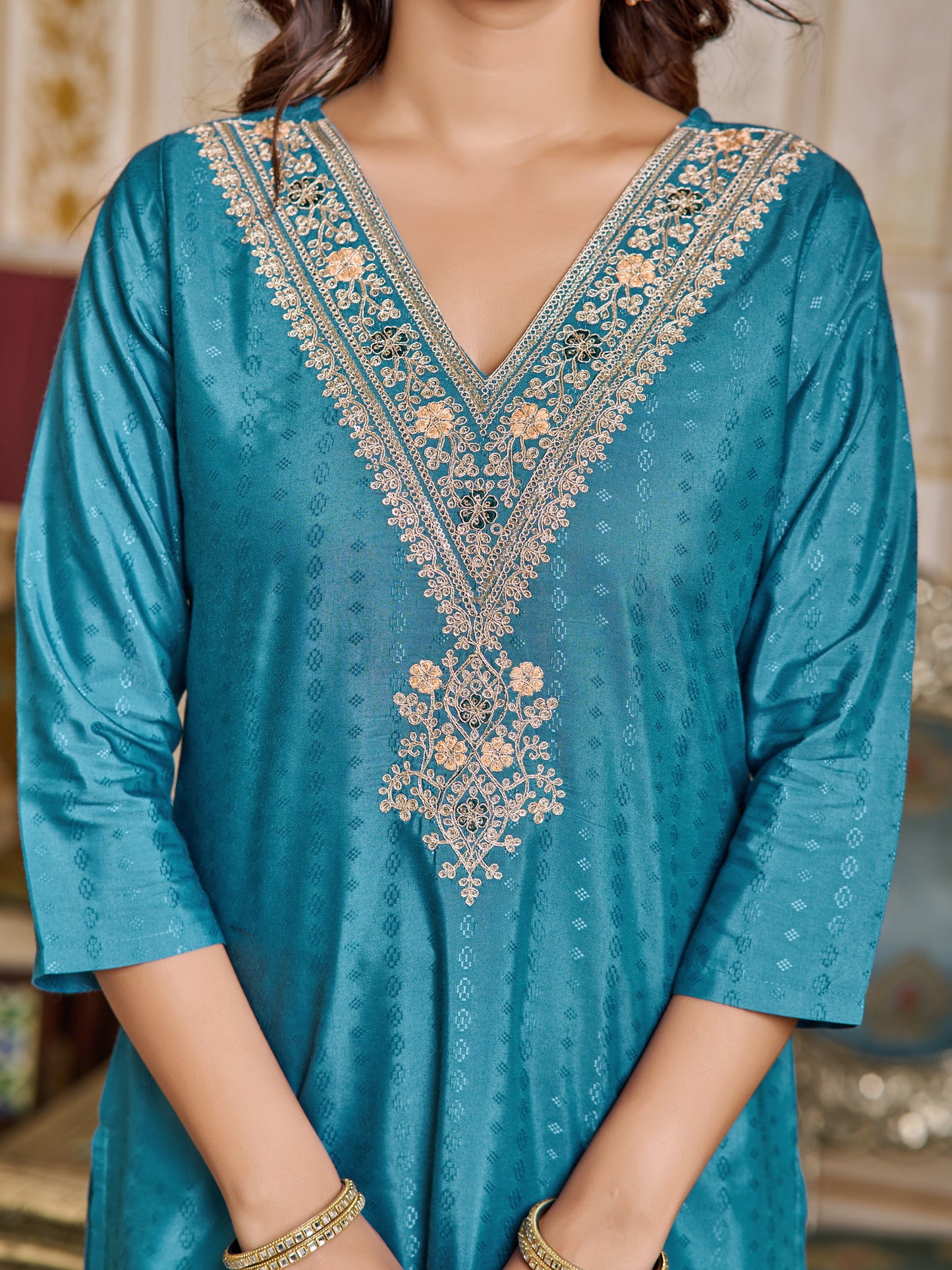 Blue Rayon Kurti with Pant & Dupatta Set