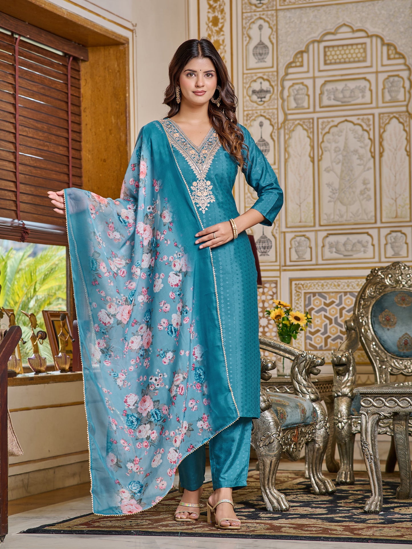 Blue Rayon Kurti with Pant & Dupatta Set