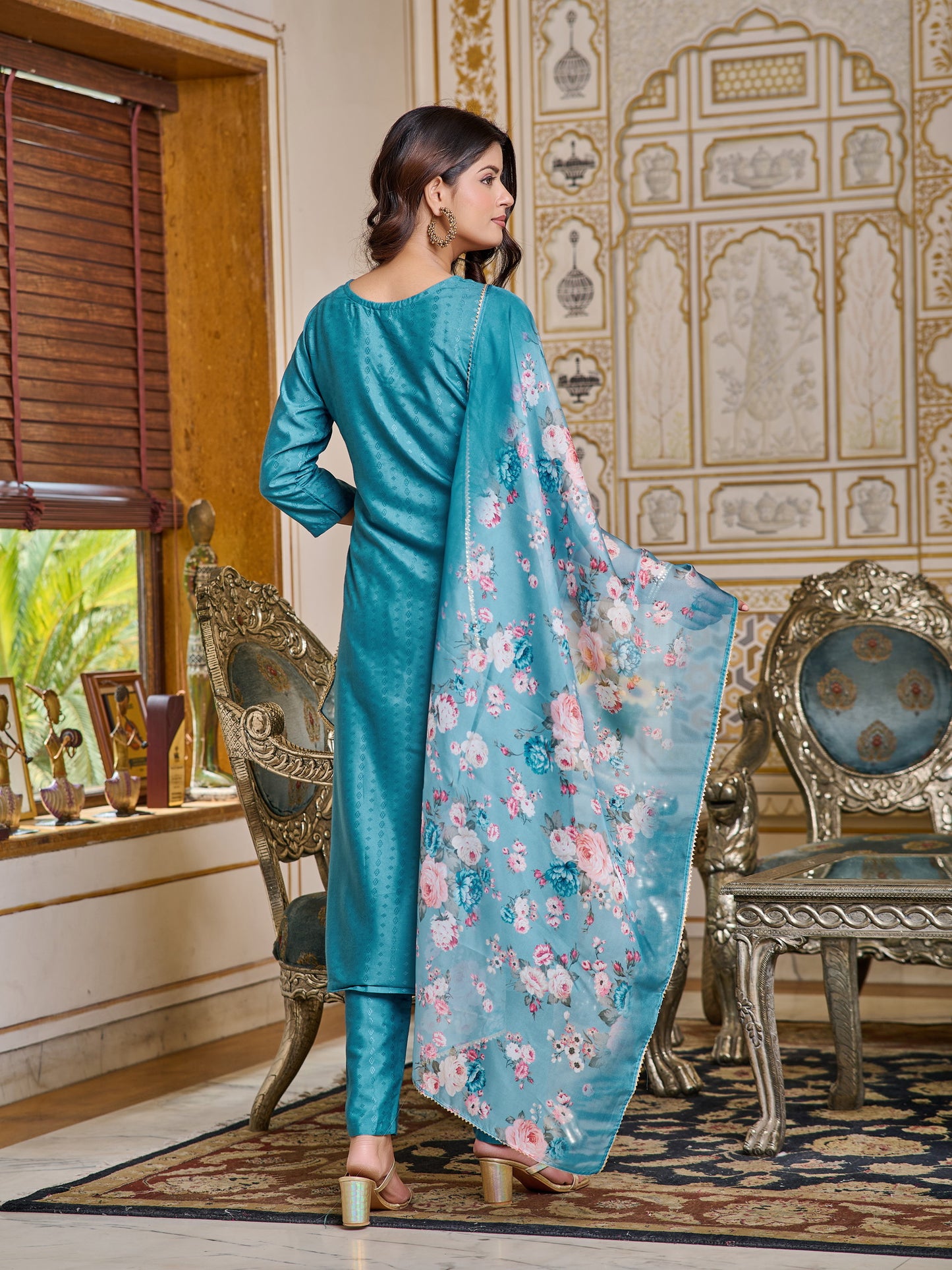 Blue Rayon Kurti with Pant & Dupatta Set