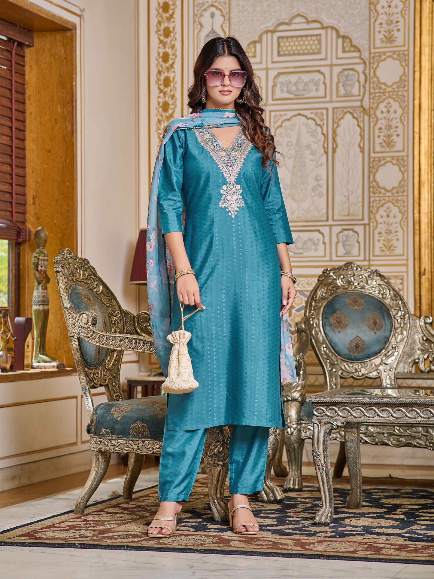 Blue Rayon Kurti with Pant & Dupatta Set