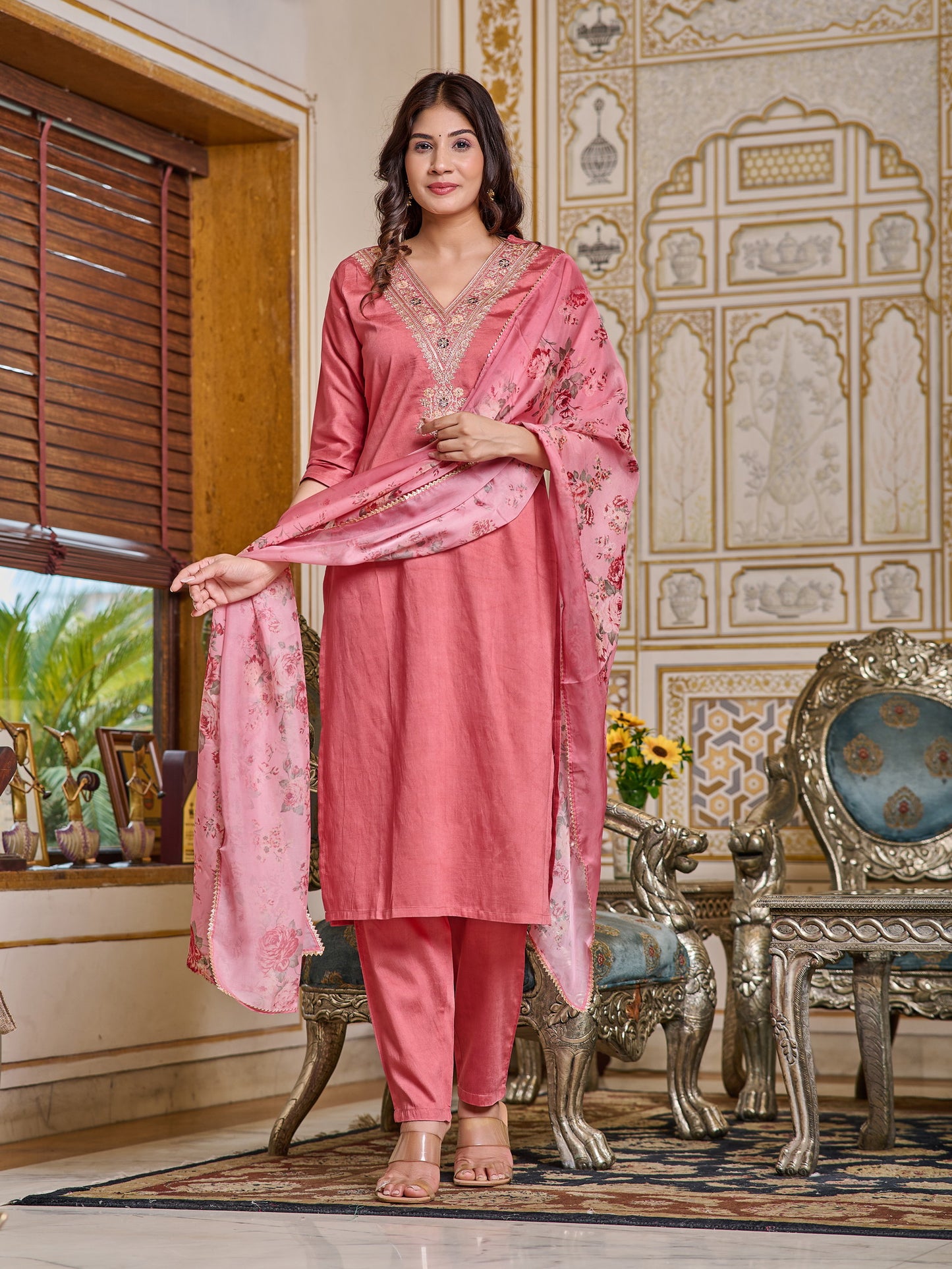 Chanderi Peach color Embroidered Kurta Set