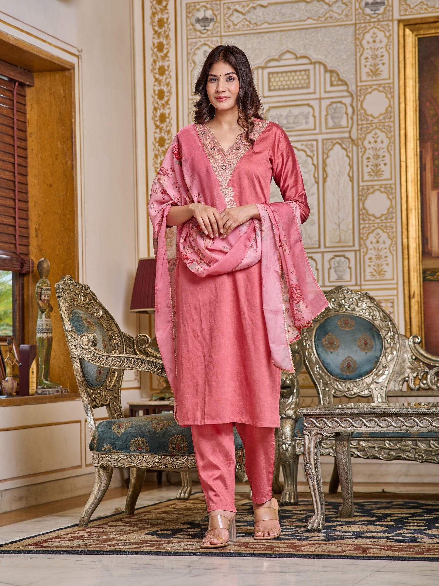 Chanderi Peach color Embroidered Kurta Set