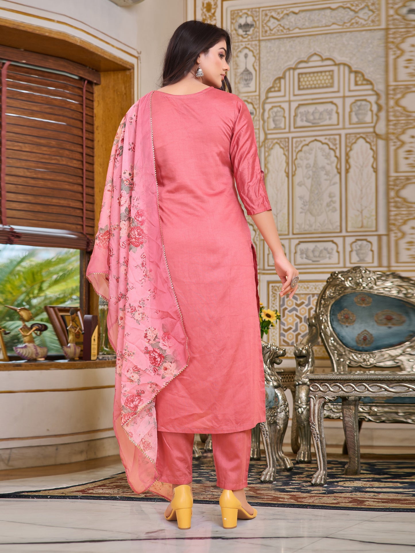 Chanderi Peach color Embroidered Kurta Set