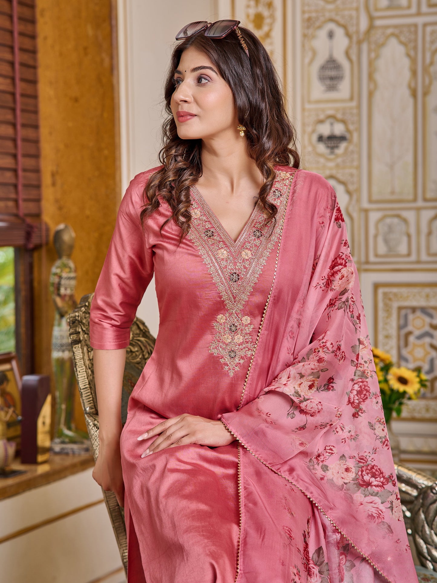 Chanderi Peach color Embroidered Kurta Set