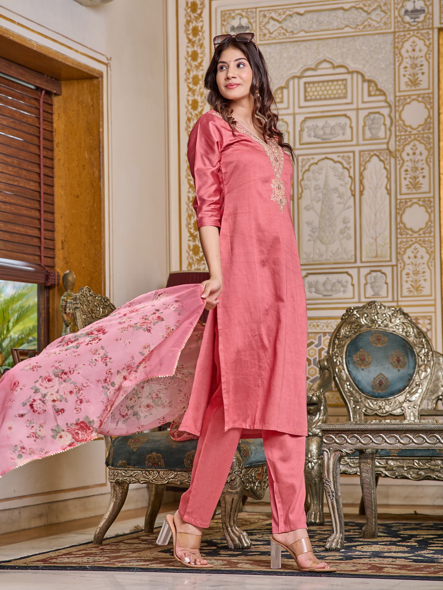 Chanderi Peach color Embroidered Kurta Set