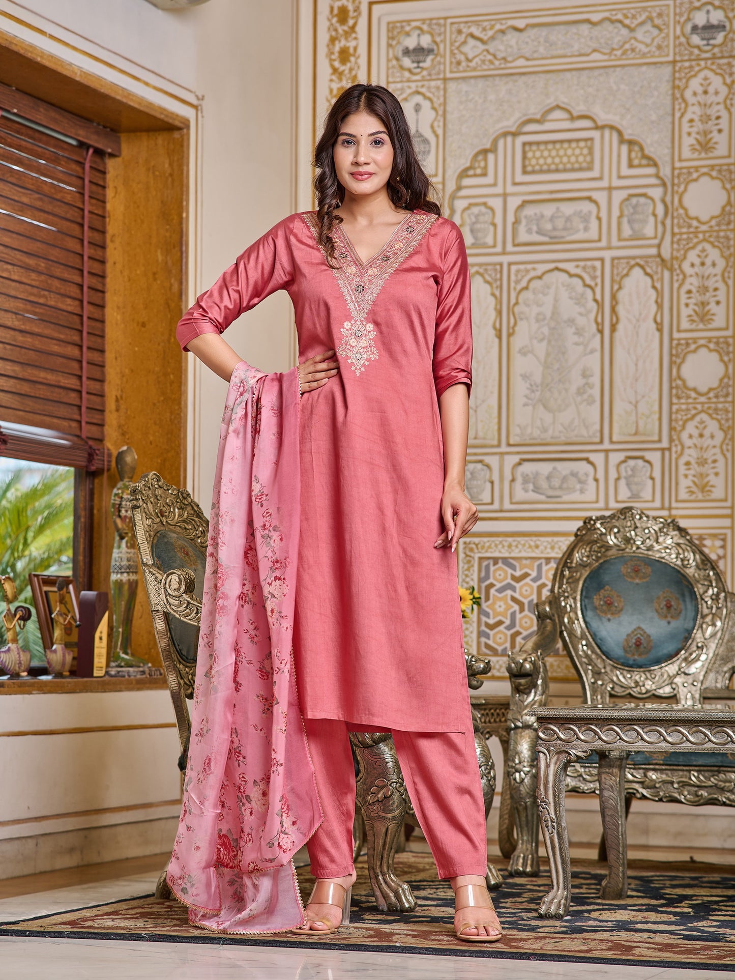 Chanderi Peach color Embroidered Kurta Set