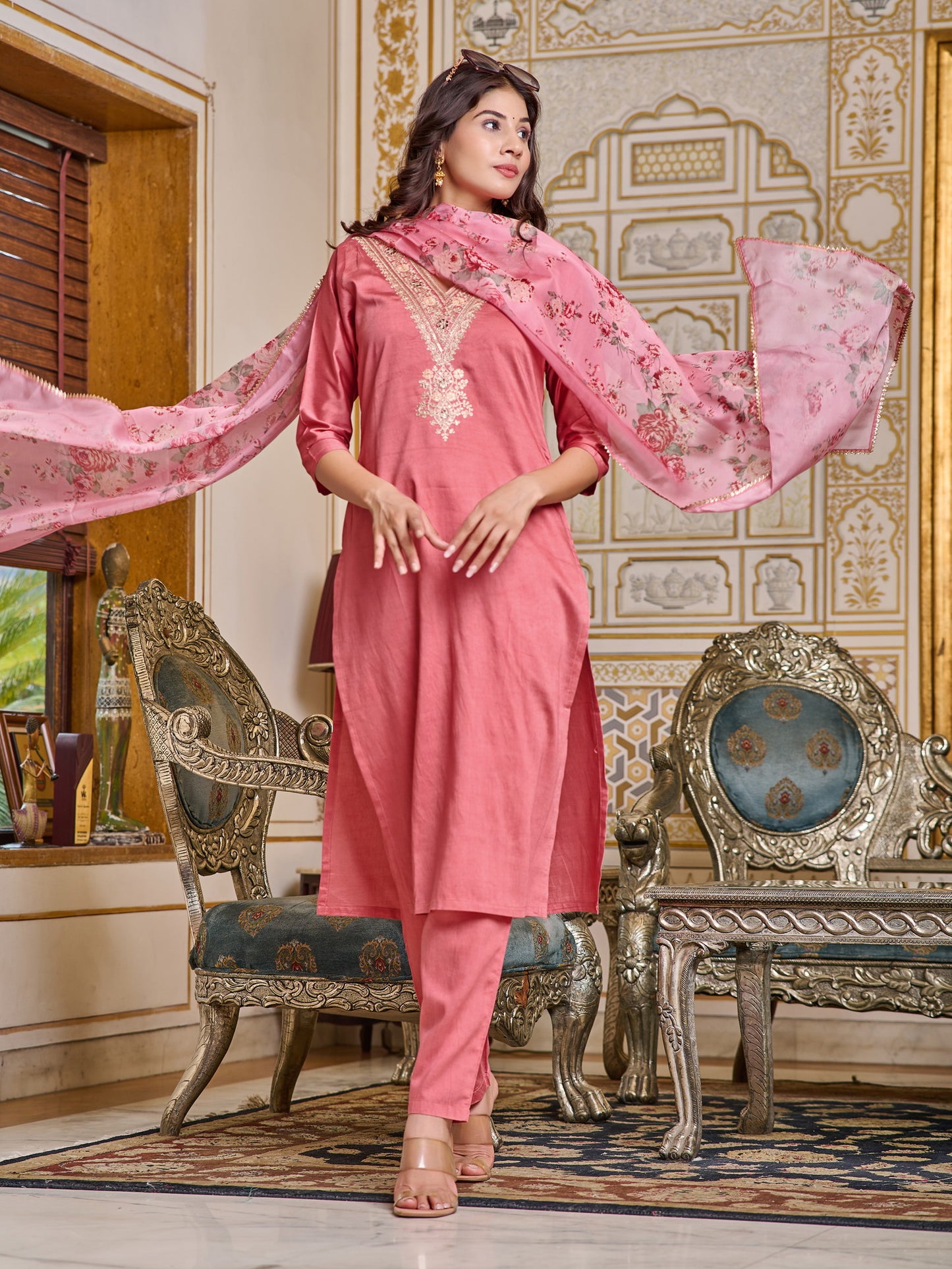 Chanderi Peach color Embroidered Kurta Set