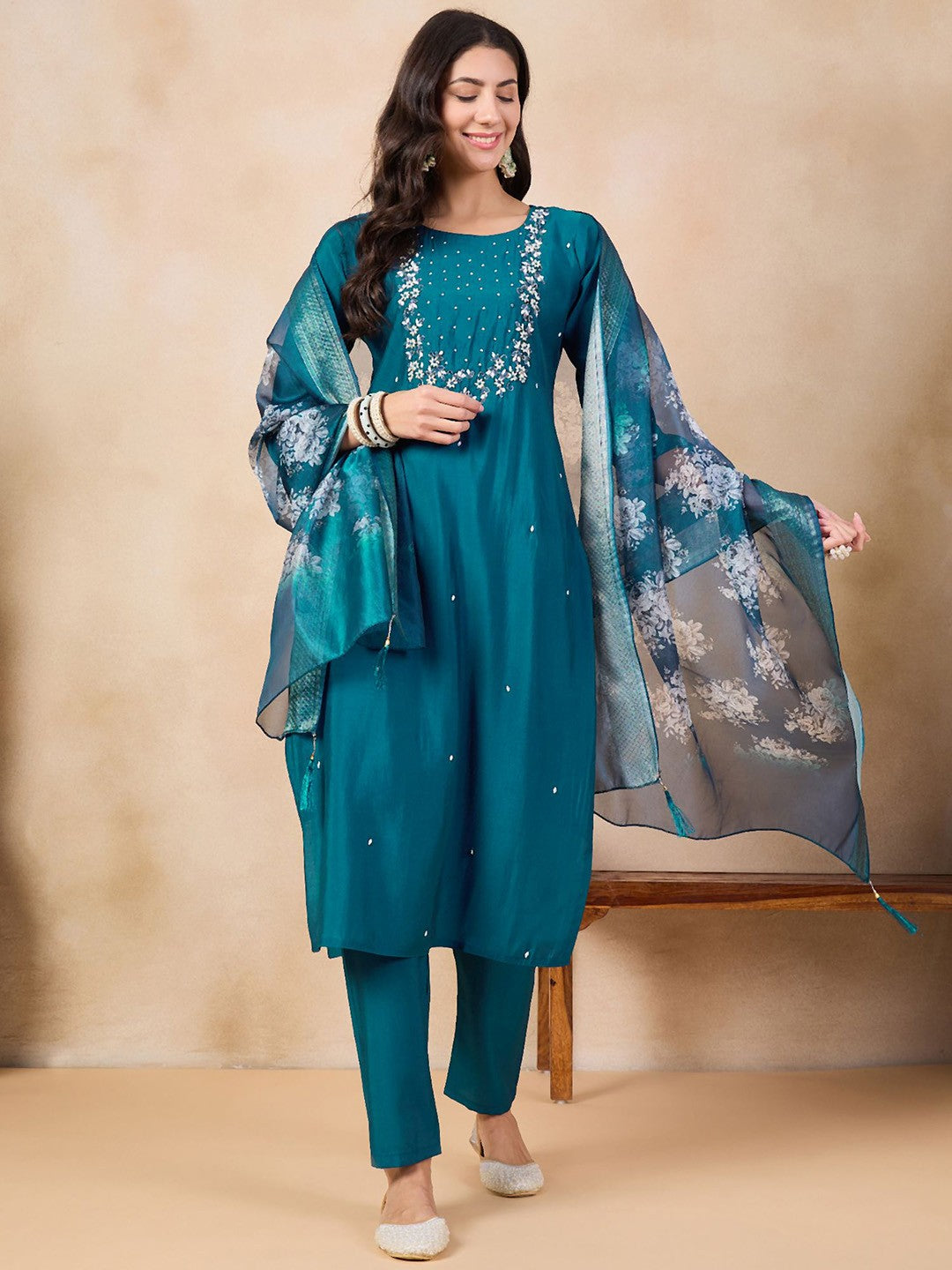 Teal Blue Chanderi Embroidered Kurta Set