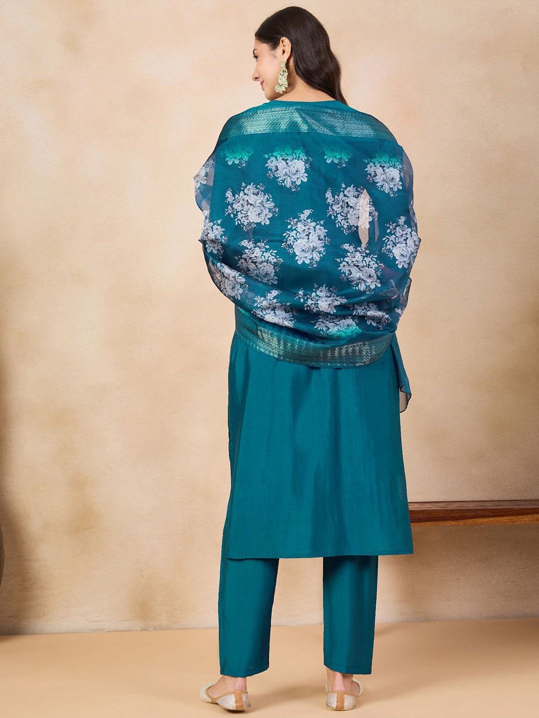 Teal Blue Chanderi Embroidered Kurta Set