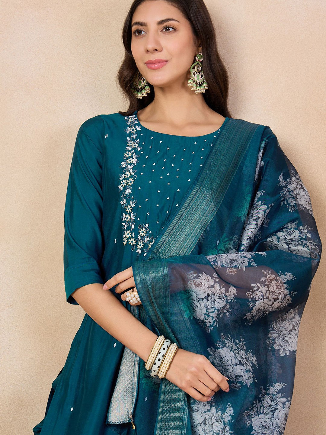 Teal Blue Chanderi Embroidered Kurta Set