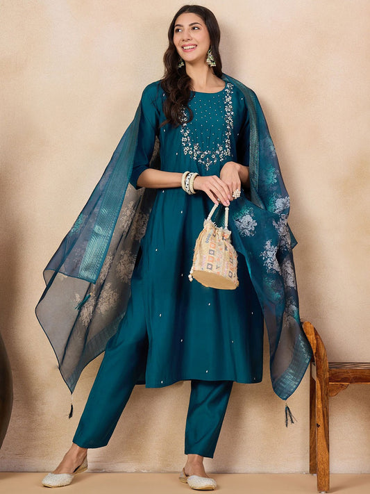 Teal Blue Chanderi Embroidered Kurta Set