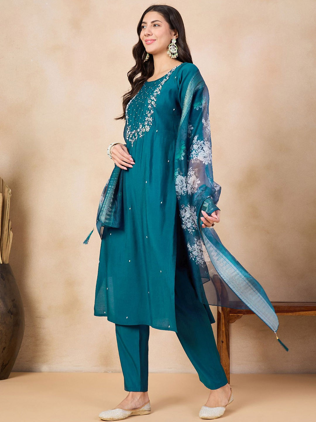 Teal Blue Chanderi Embroidered Kurta Set