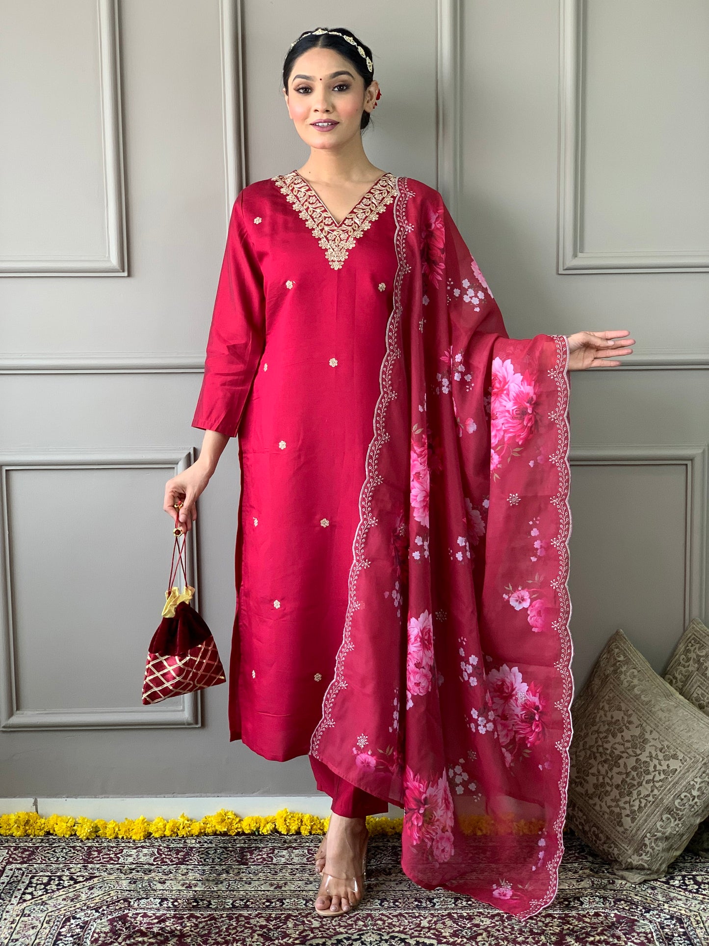 Viscous Red Kurta With Pant and Cut Work Dupatta