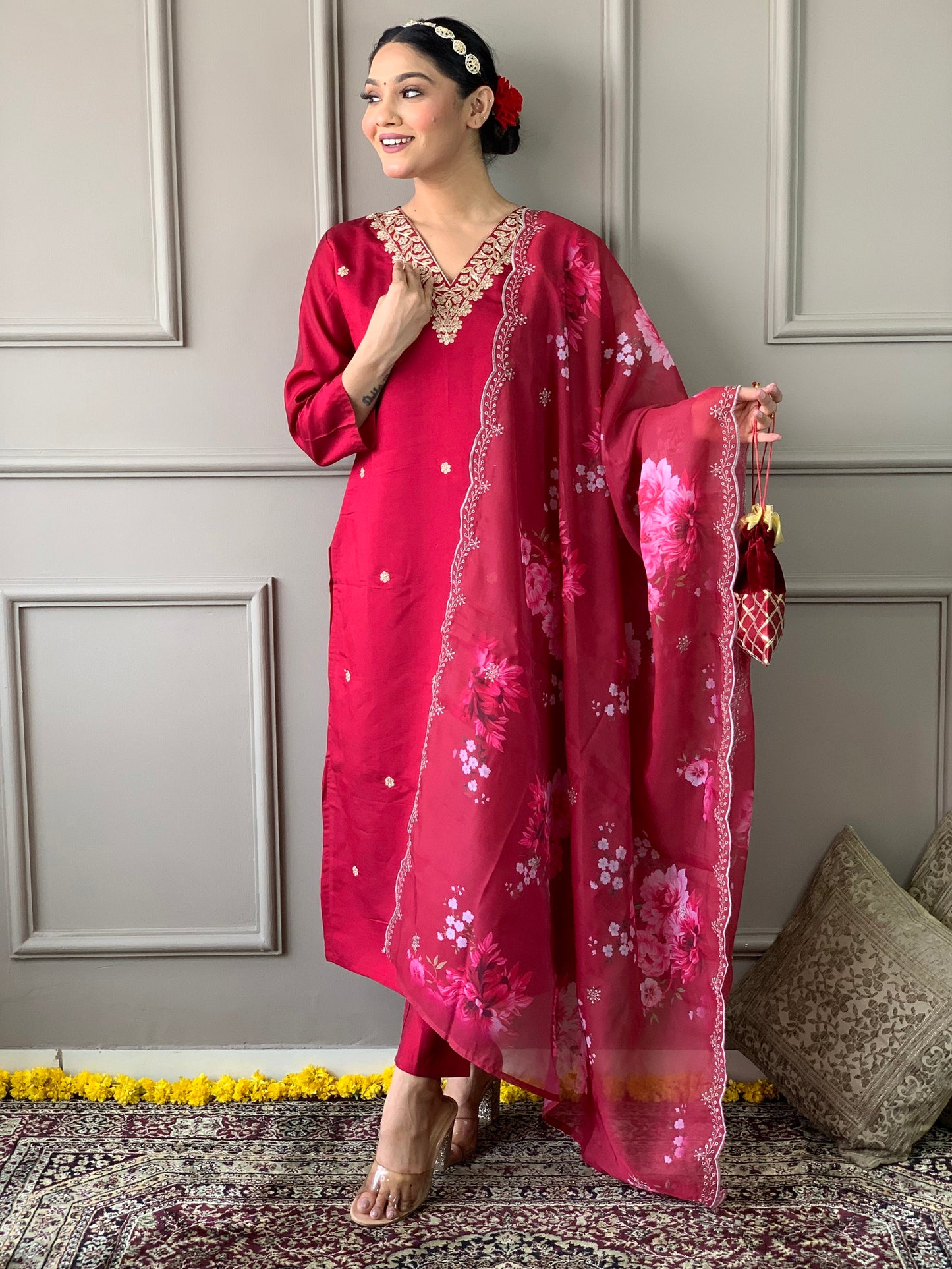 Viscous Red Kurta With Pant and Cut Work Dupatta