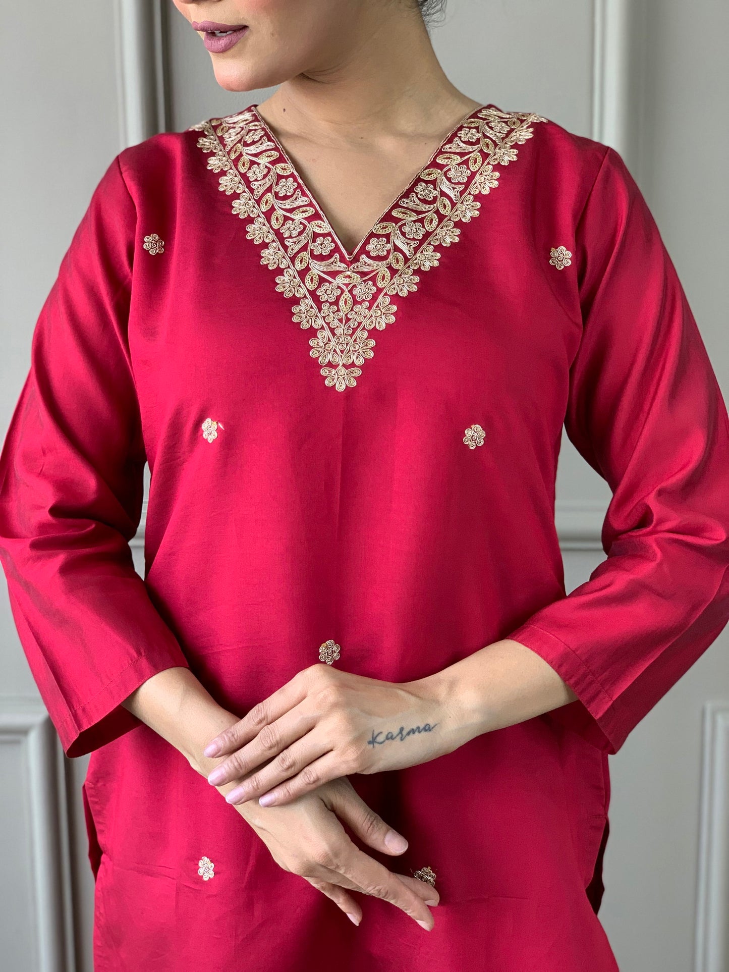 Viscous Red Kurta With Pant and Cut Work Dupatta