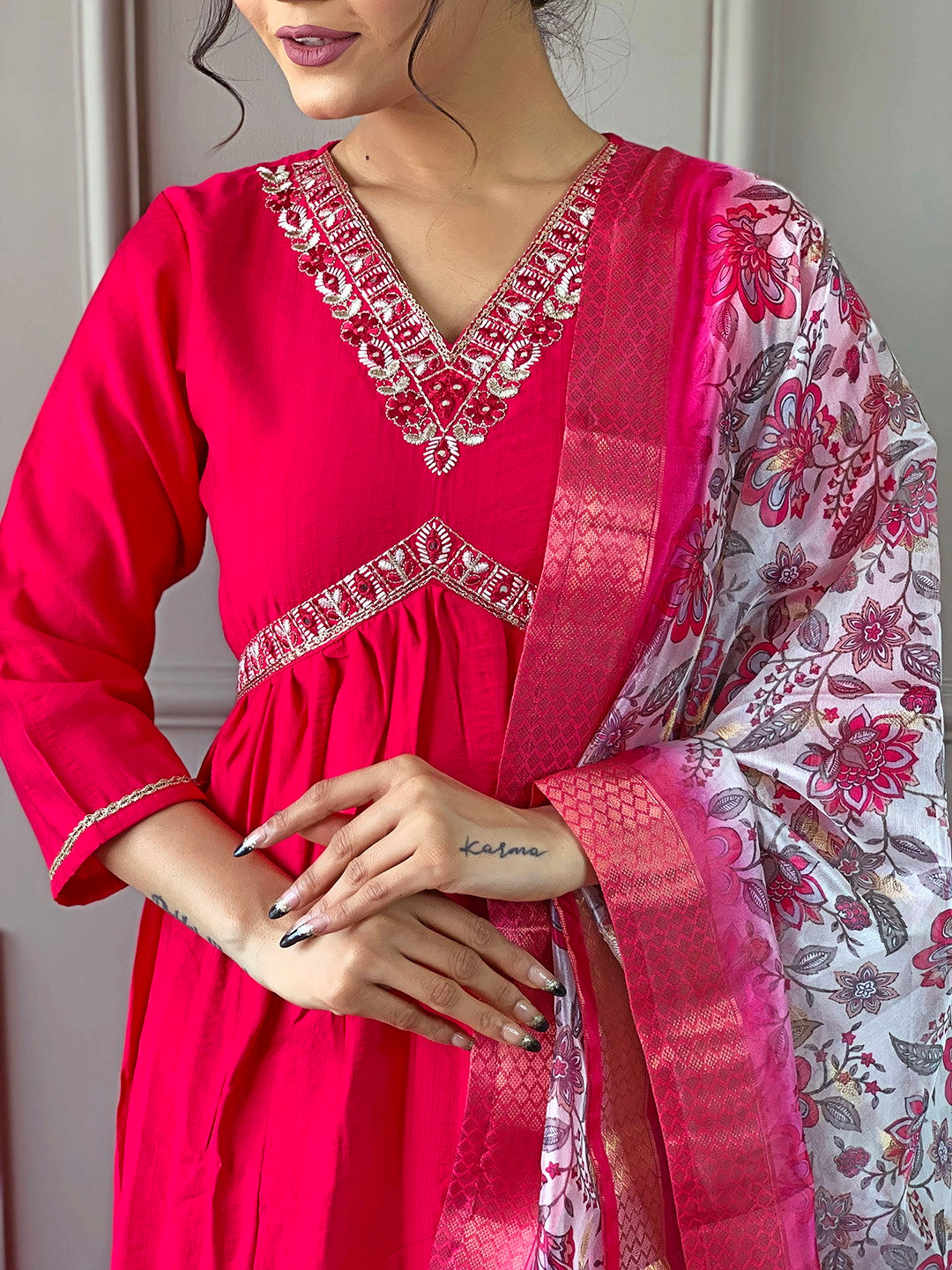 Magenta Red Kurta set with Floral Dupatta