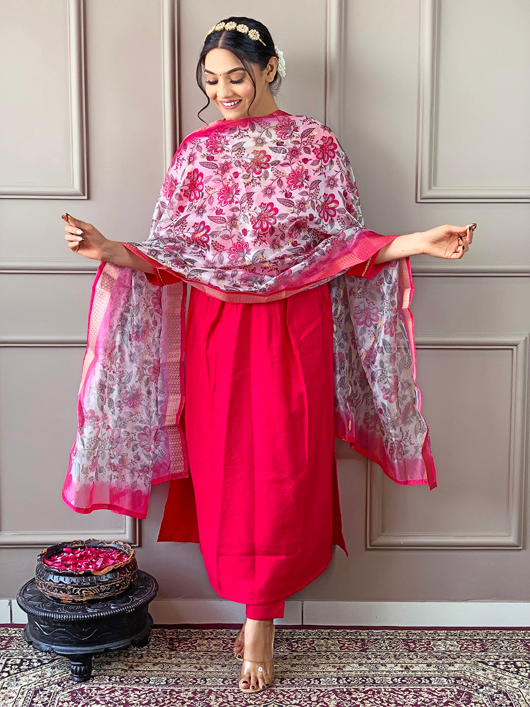 Magenta Red Kurta set with Floral Dupatta