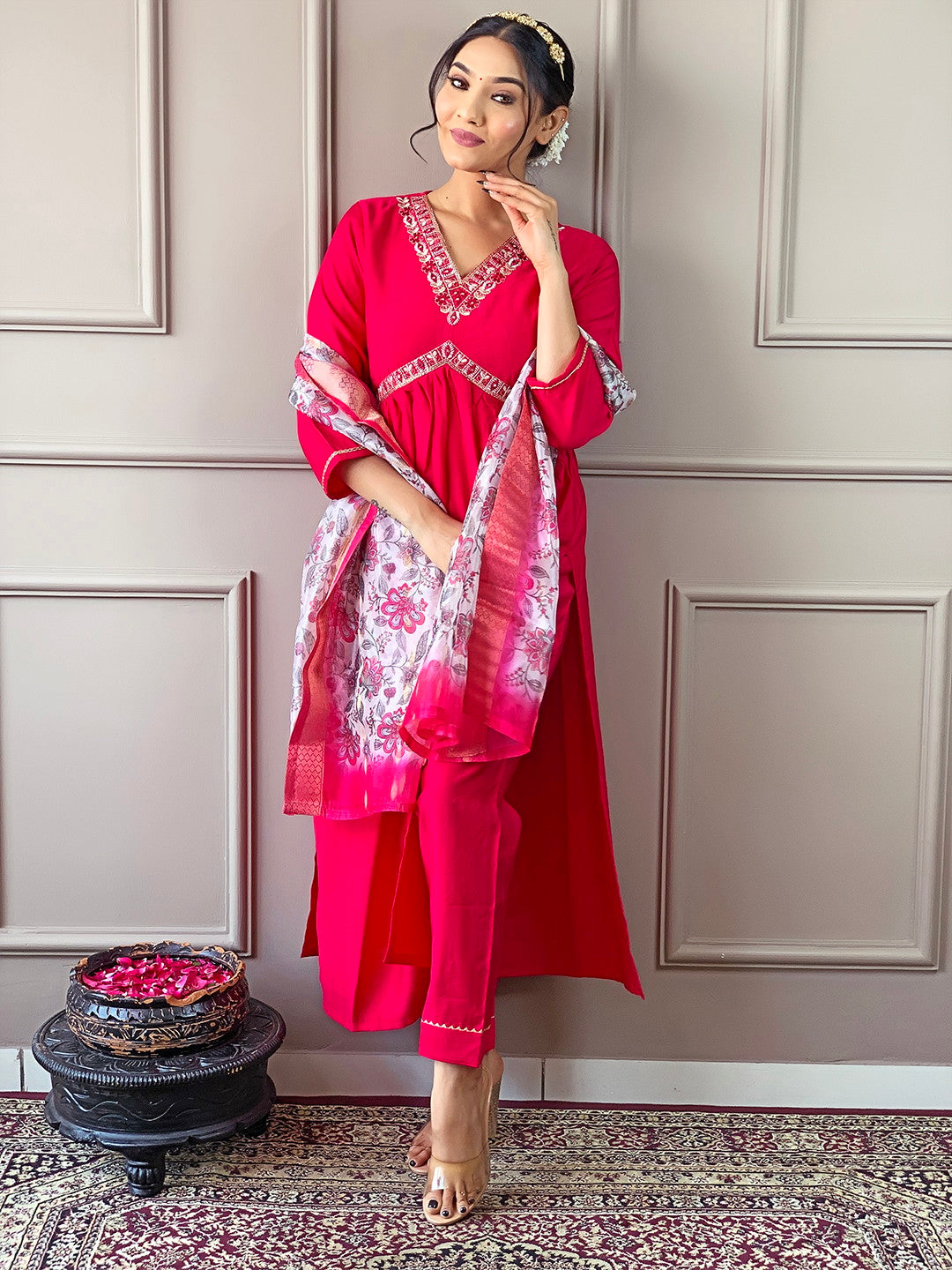 Magenta Red Kurta set with Floral Dupatta