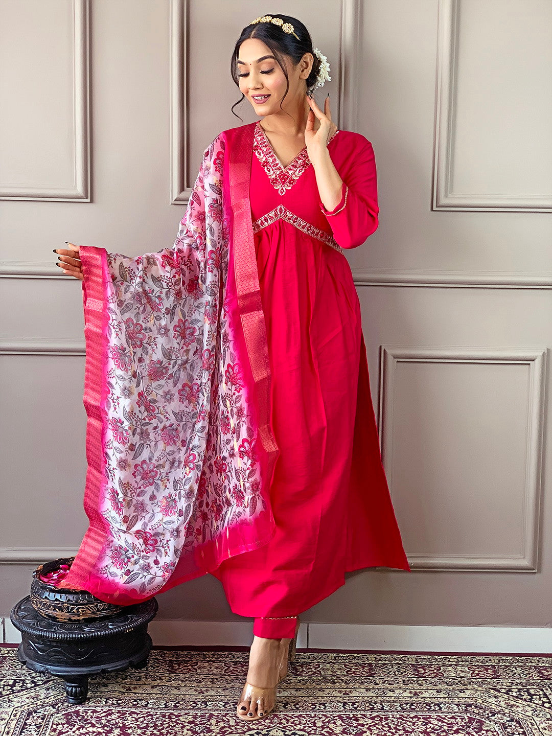 Magenta Red Kurta set with Floral Dupatta