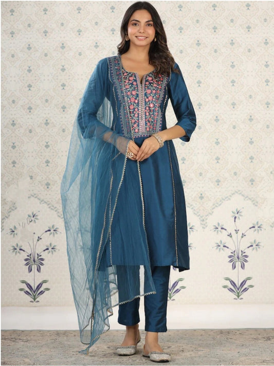 Petrol color Chanderi Embroidered Kurta Set