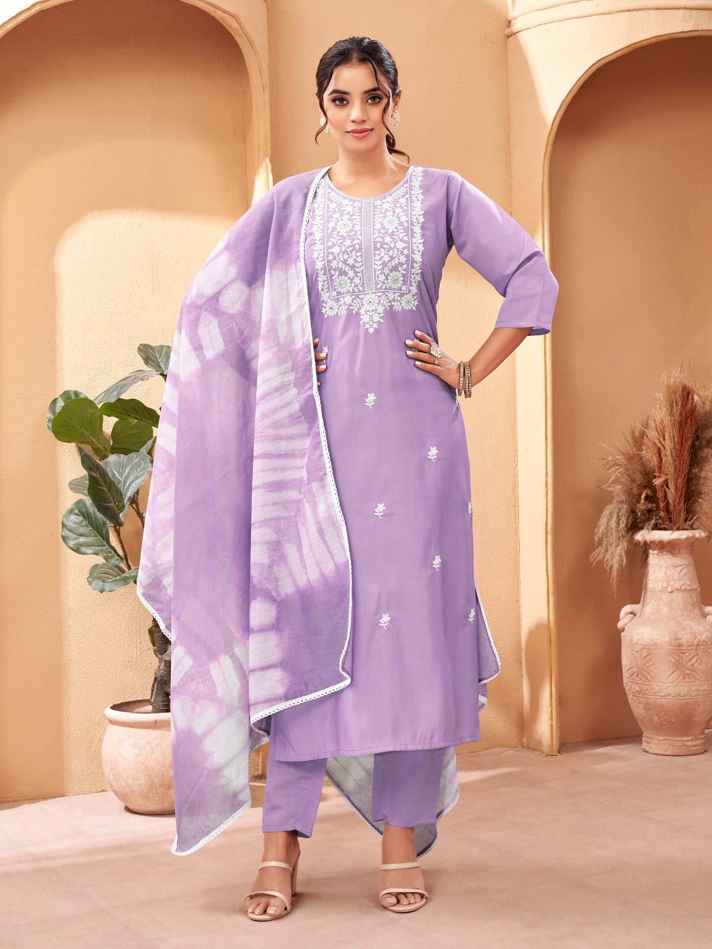 Lavender color Chanderi Embroidered Kurta Set