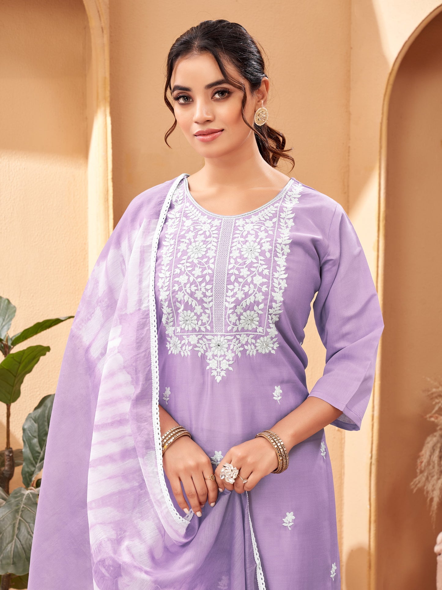 Lavender color Chanderi Embroidered Kurta Set