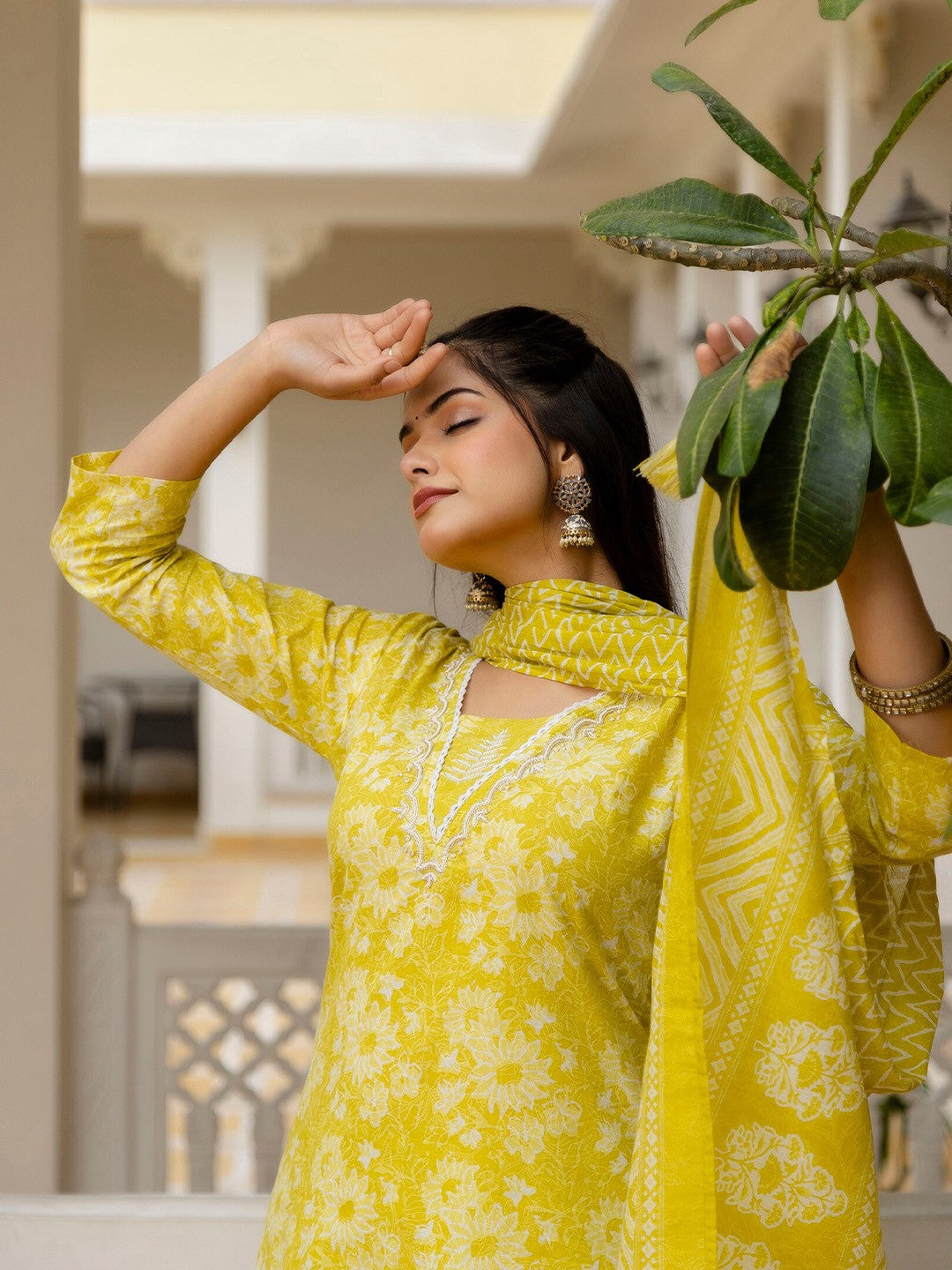 Printed Yellow Kurta Set with Bottom Wear and Dupatta