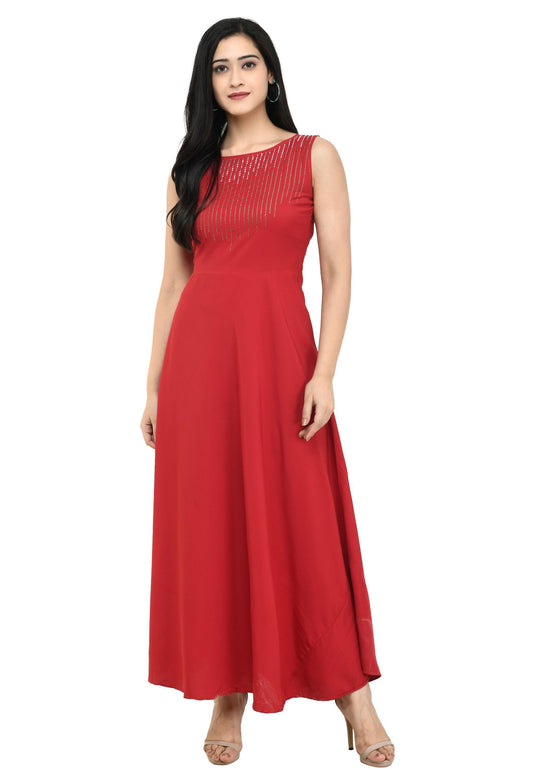 Red Crepe Embellished Maxi Dress