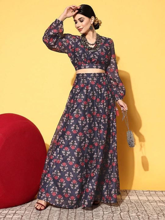 Navy Floral Wrap Crop Top With Long Skirt