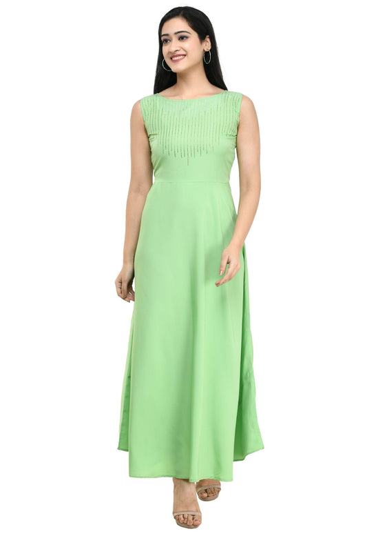 Crepe Embellished Pista Green Maxi Dress