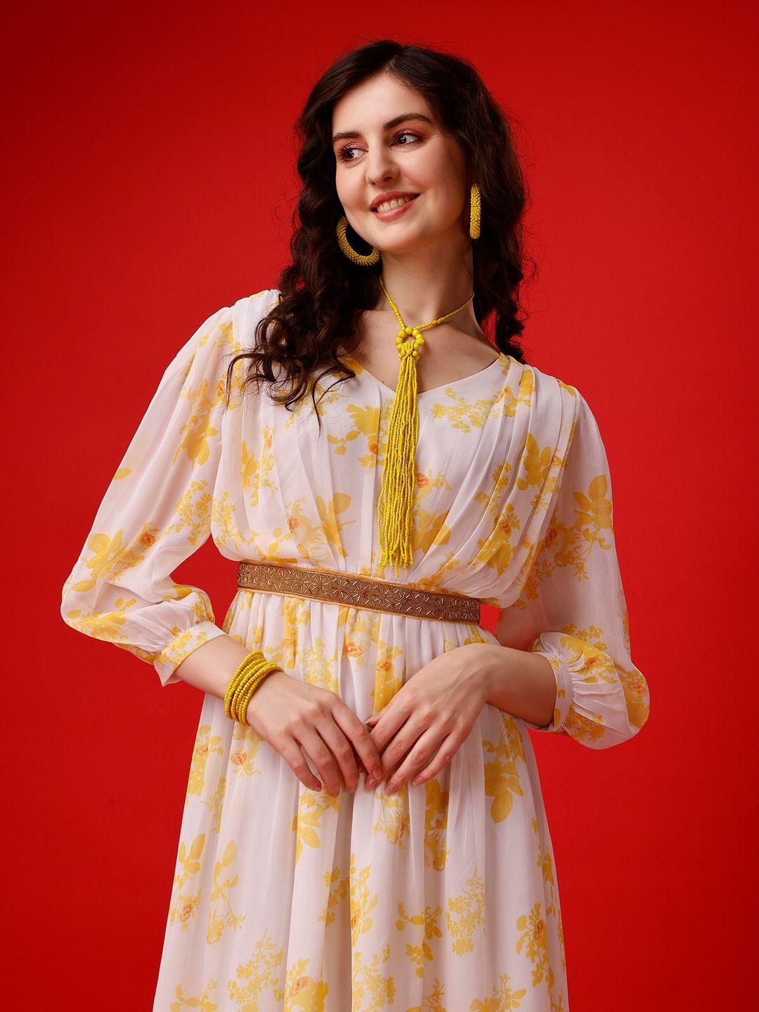Yellow Puff Sleeve V-Neck Midi Dress