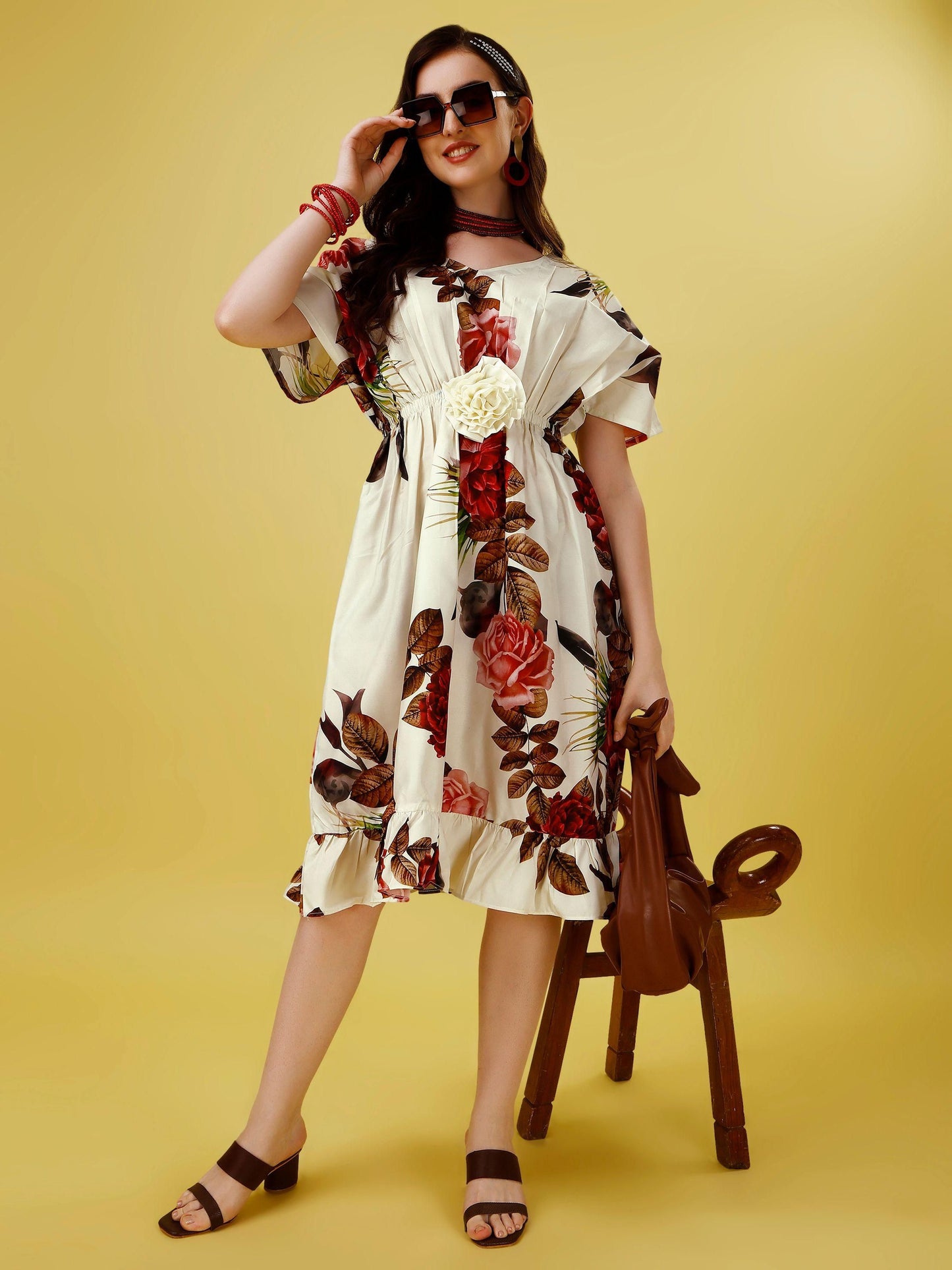 Cream Crepe Floral Print Flared Midi Dress