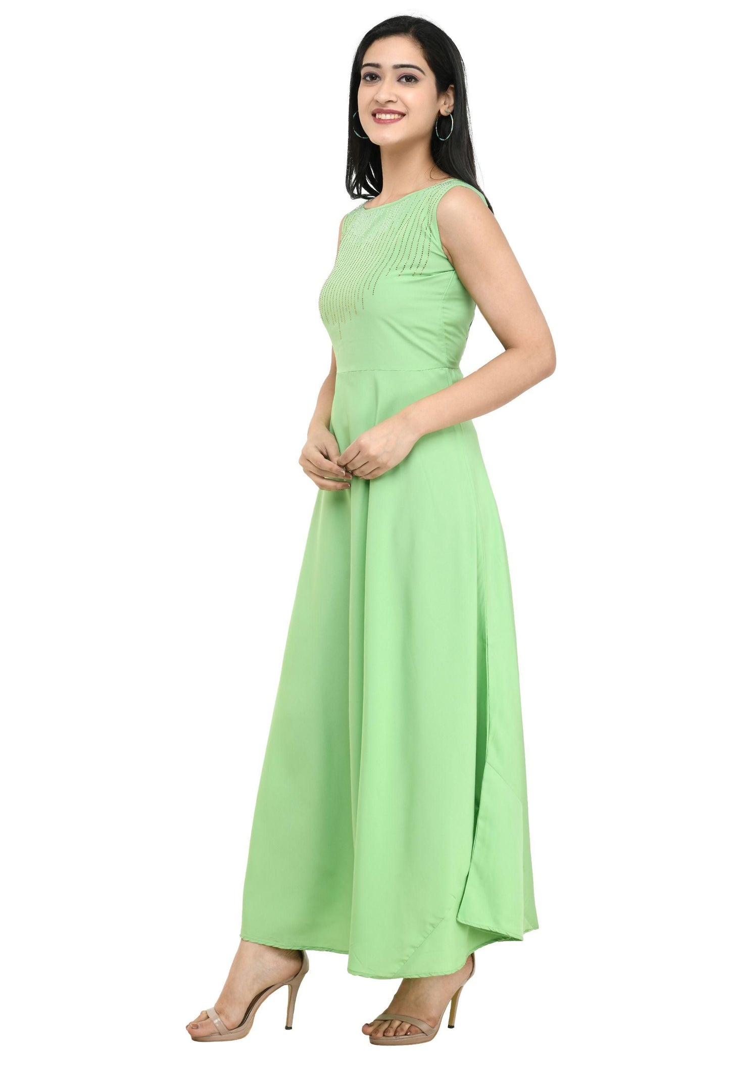 Crepe Embellished Pista Green Maxi Dress