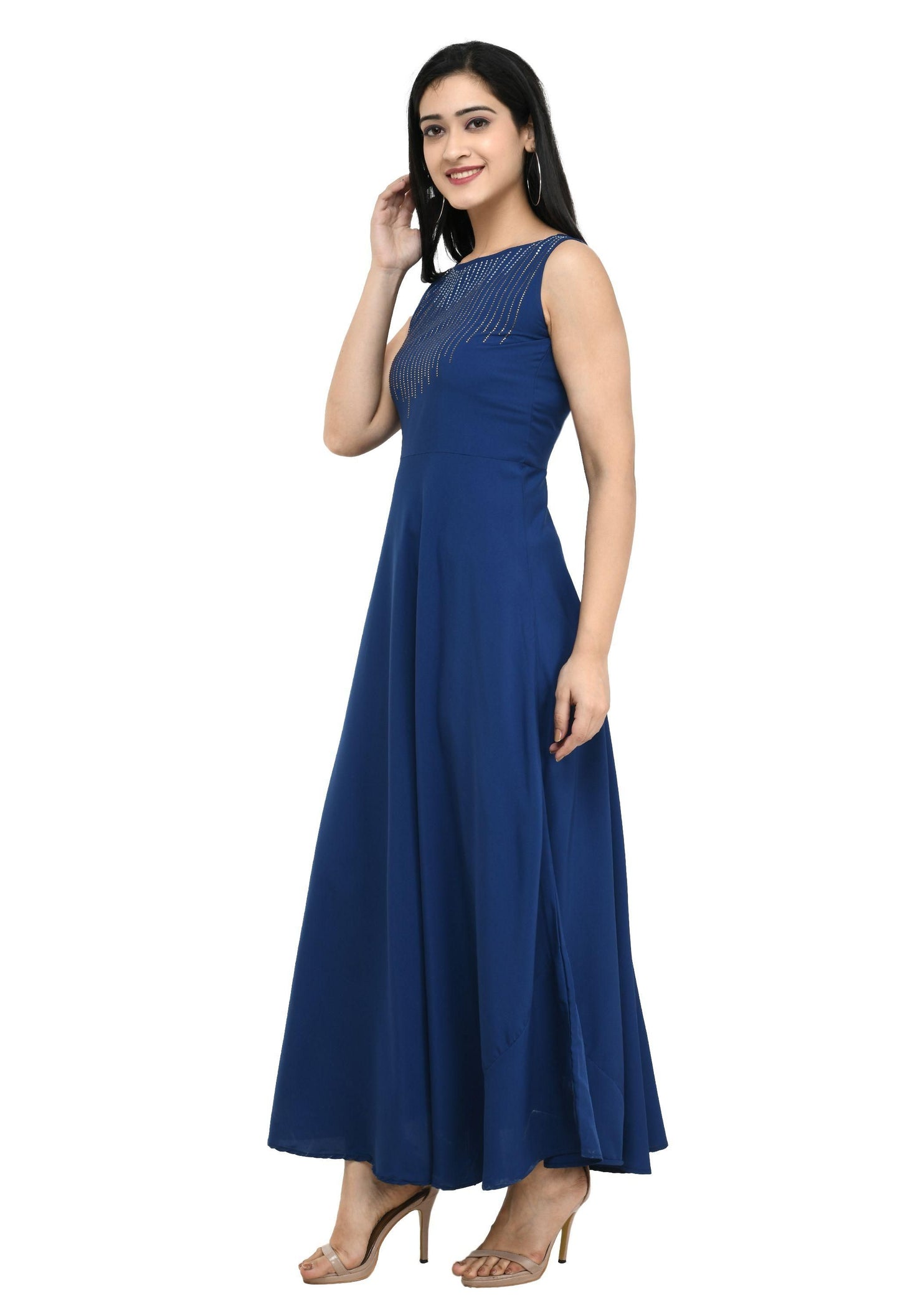 Navy Blue Crepe Embellished Maxi Dress