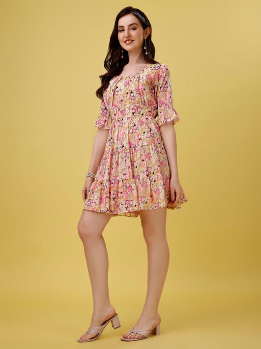 Multicolored Printed A-Line Short Dress
