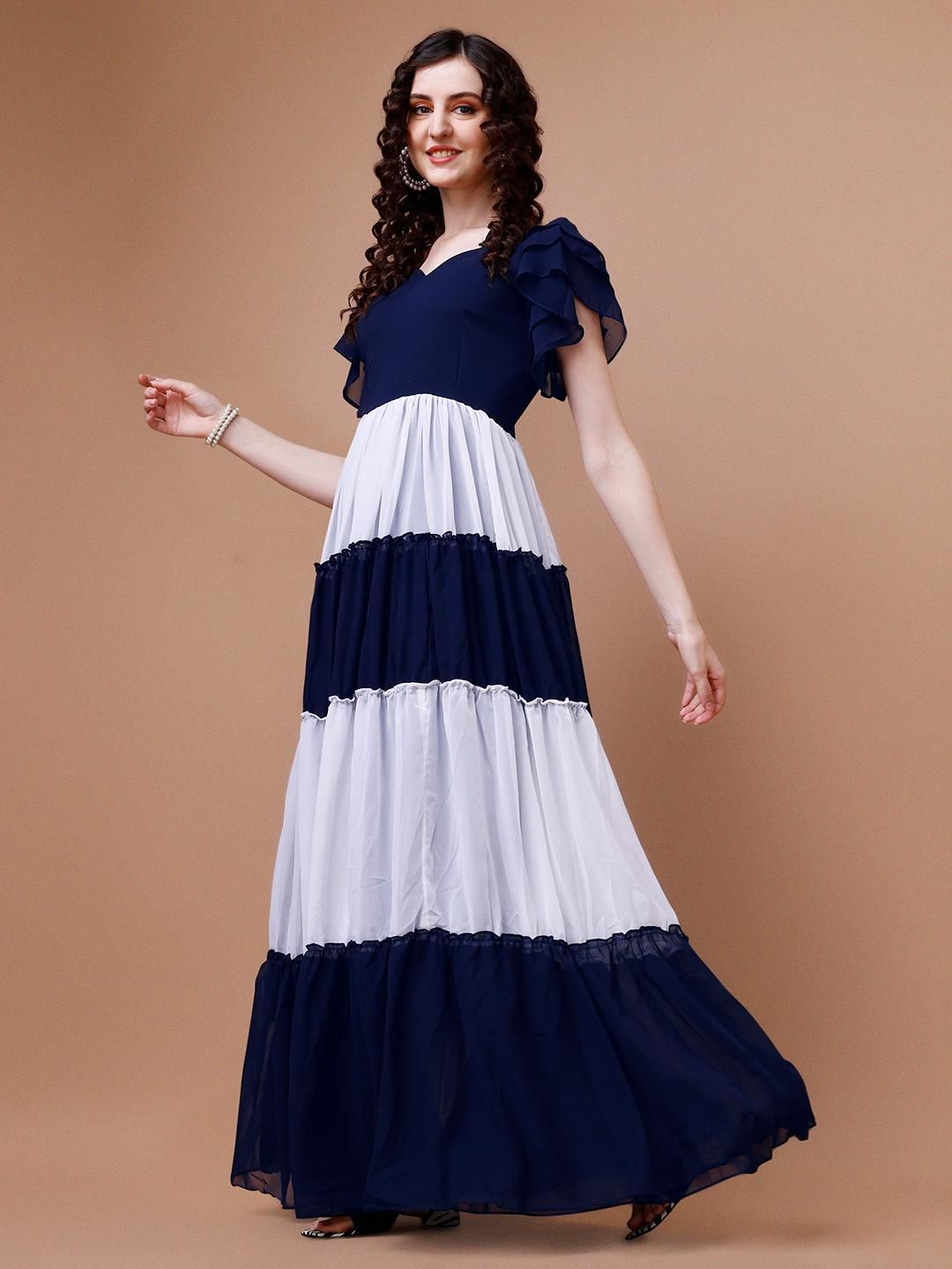 Plus Size Georgette Color Block Flared Gown