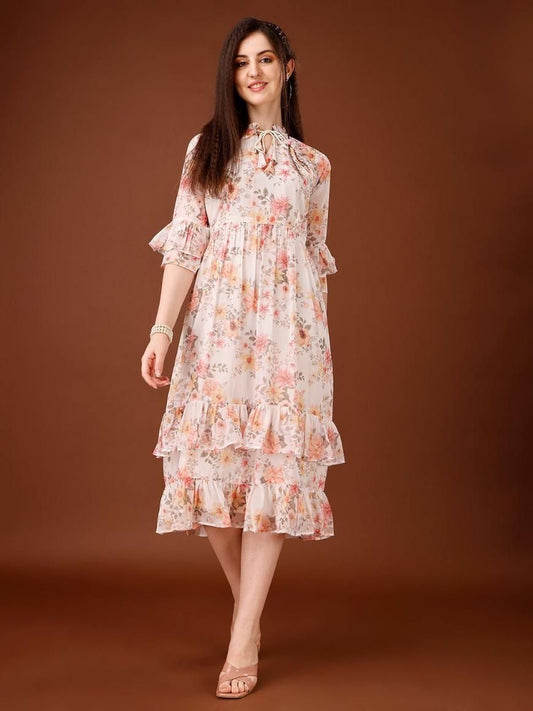 Floral Print Flared Multi Color Midi Dress
