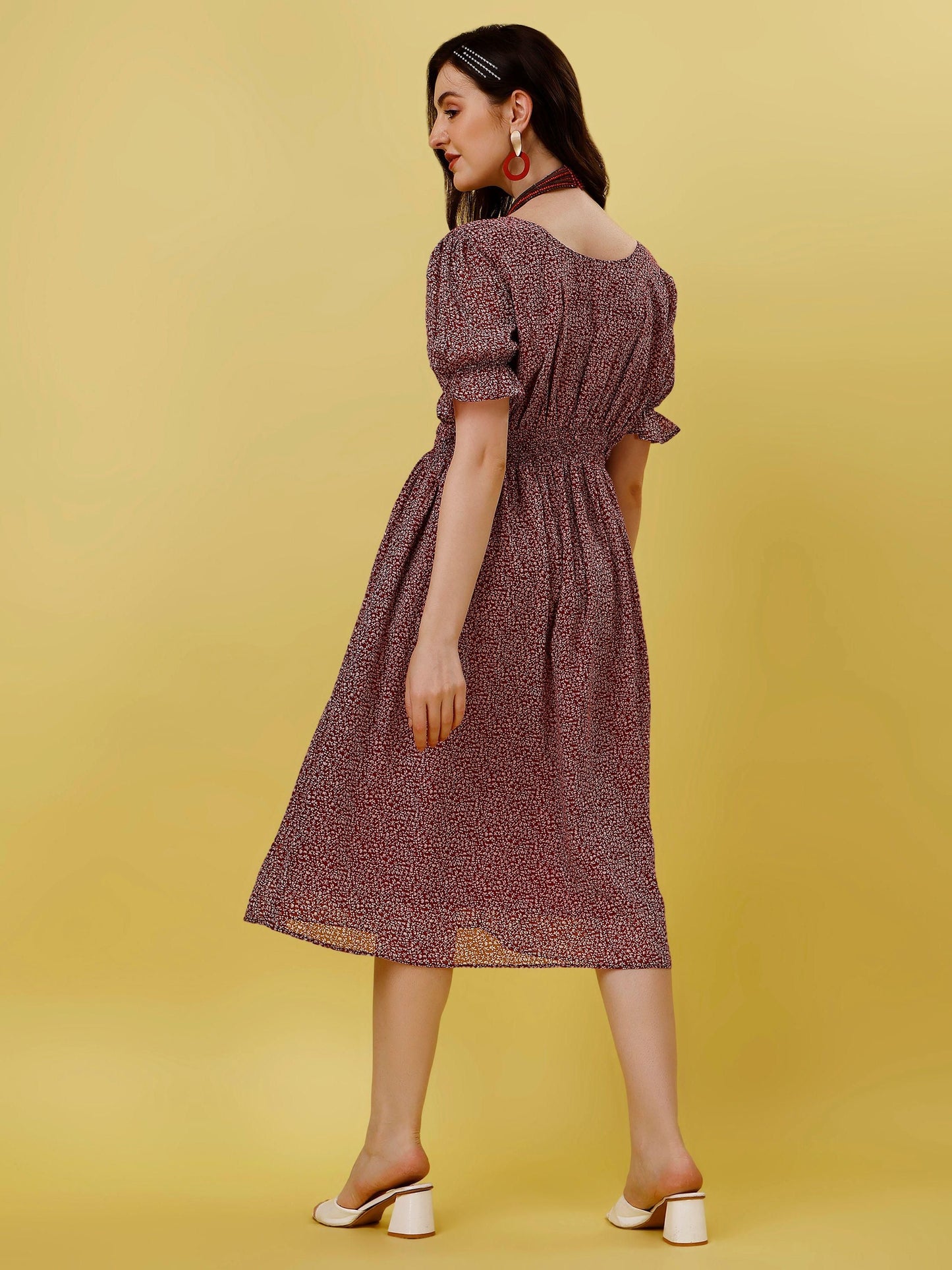 Maroon Georgette Printed Midi Dress