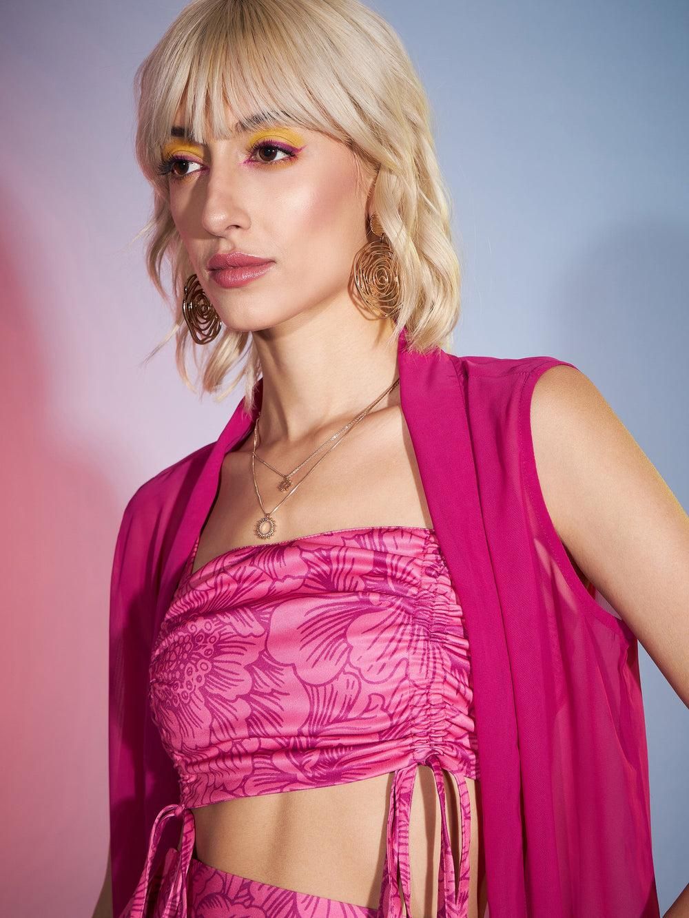 Magenta Ruched Crop Top With Pants & Shrug