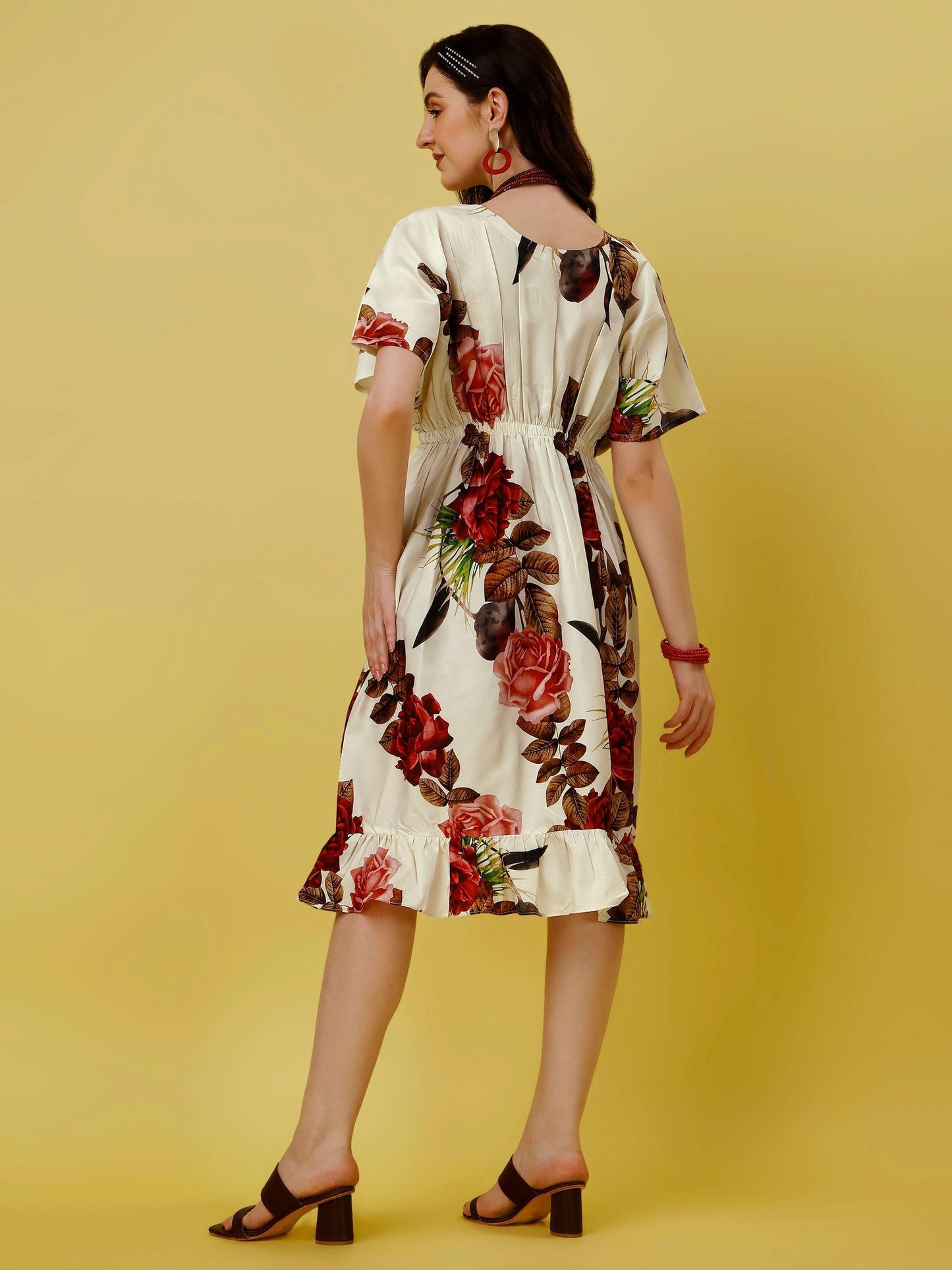Cream Crepe Floral Print Flared Midi Dress