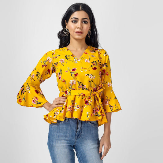 Crepe Floral Print Mustard Top