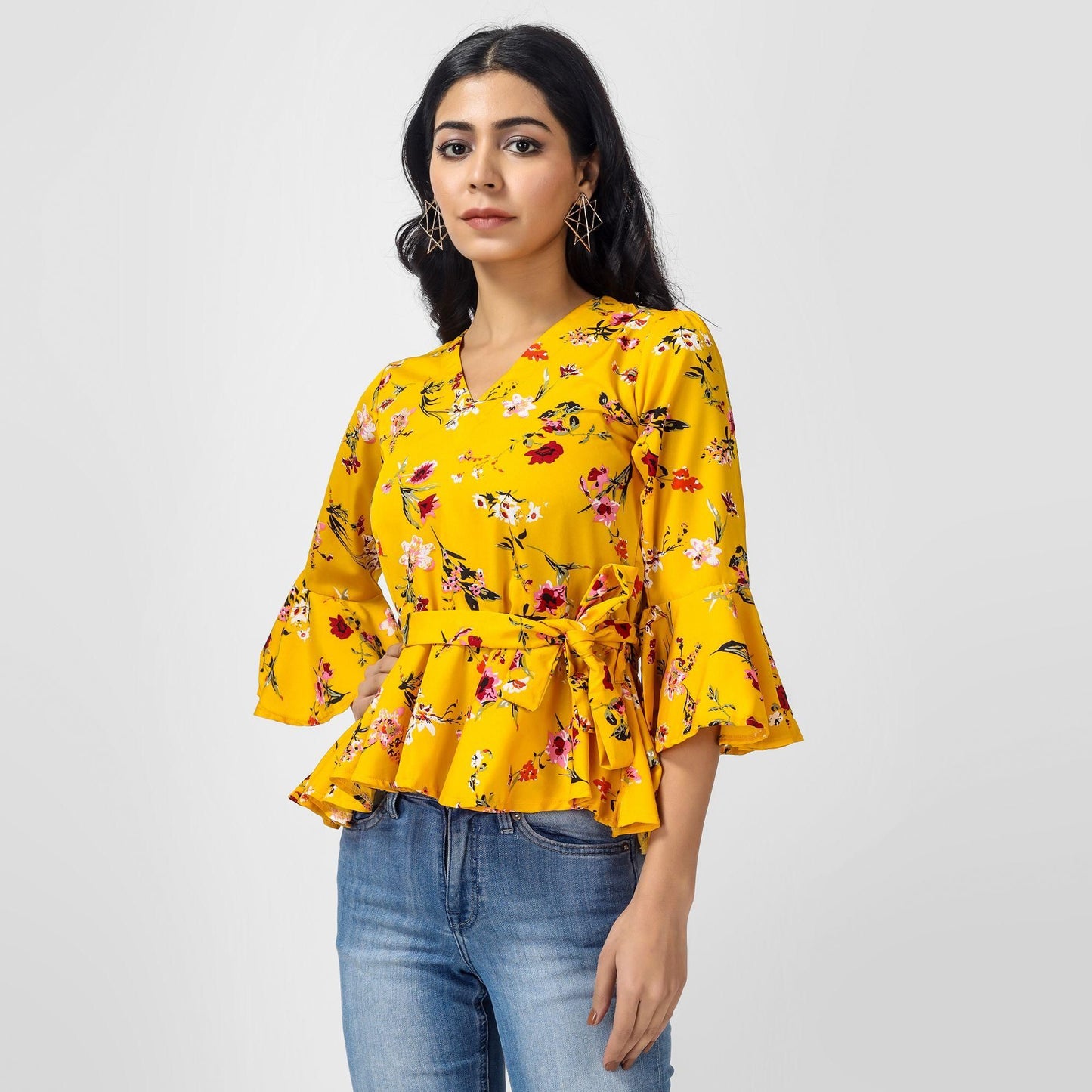 Crepe Floral Print Mustard Top