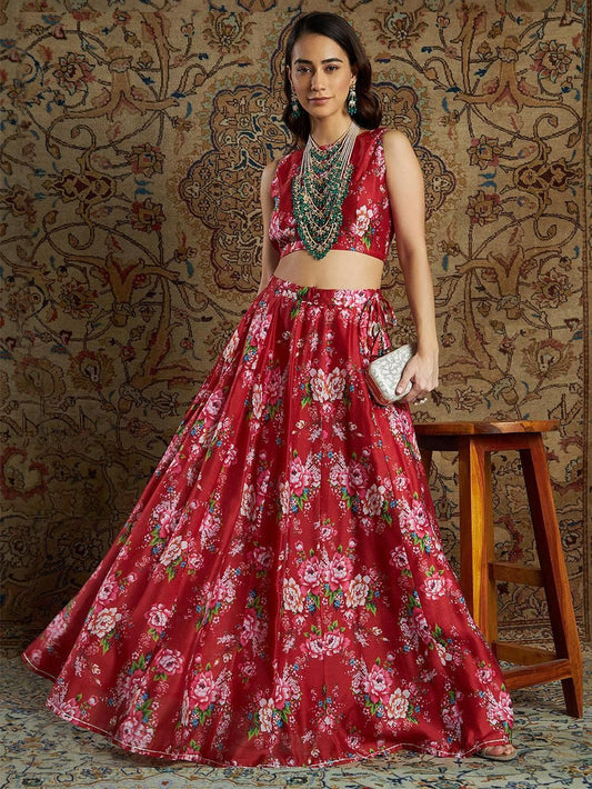 Red Chanderi Floral Crop Top With Skirt